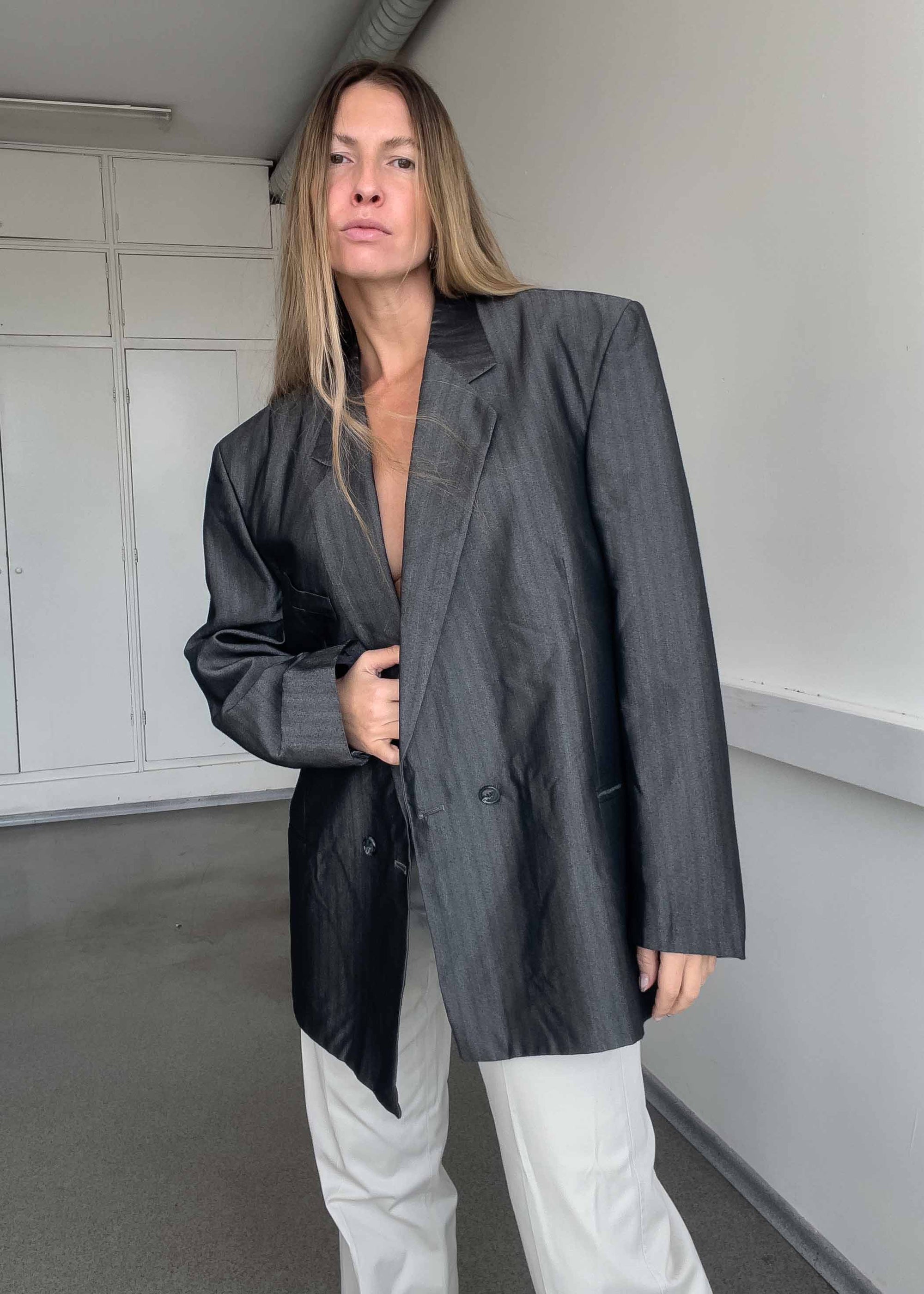 Vintage Silver Grey Oversized Double Breasted Blazer