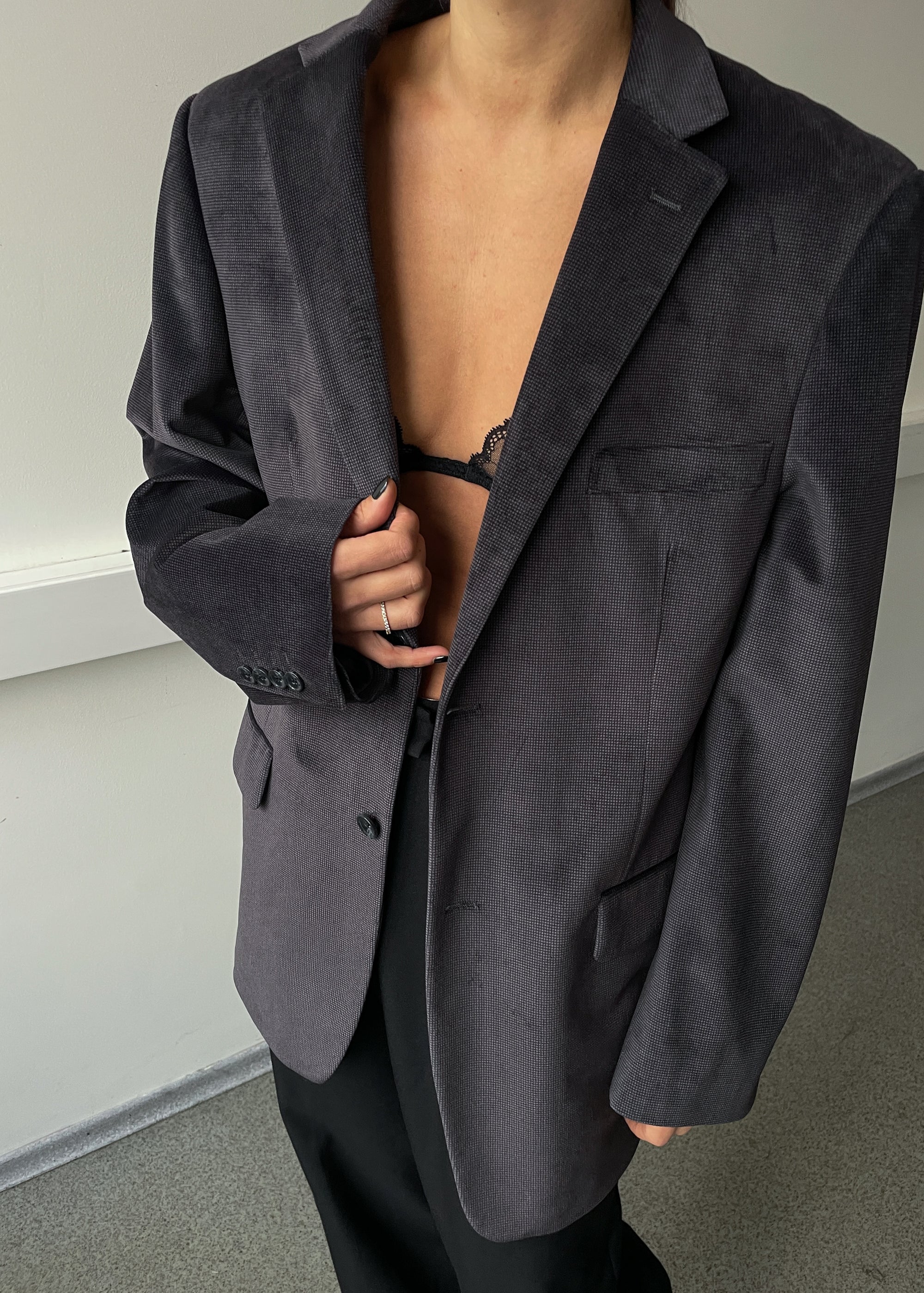 Vintage Dark Grey Velvet Oversized Festive Blazer