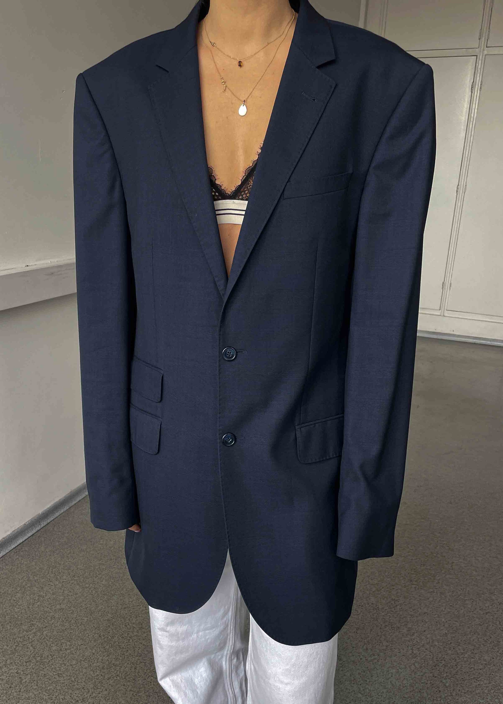 Vintage Navy Blue Patterned Oversized 100% WOOL Blazer