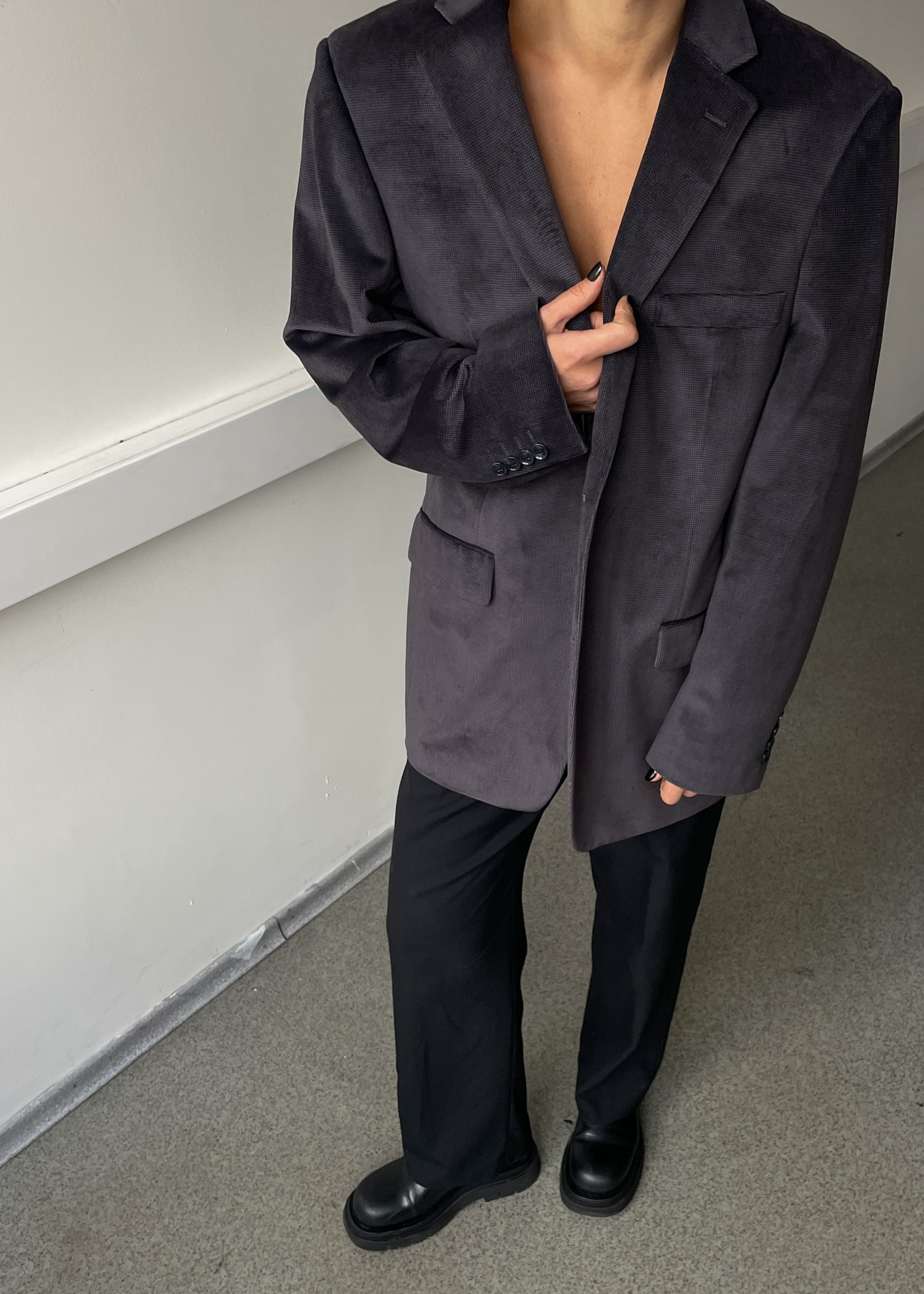 Vintage Dark Grey Velvet Oversized Festive Blazer