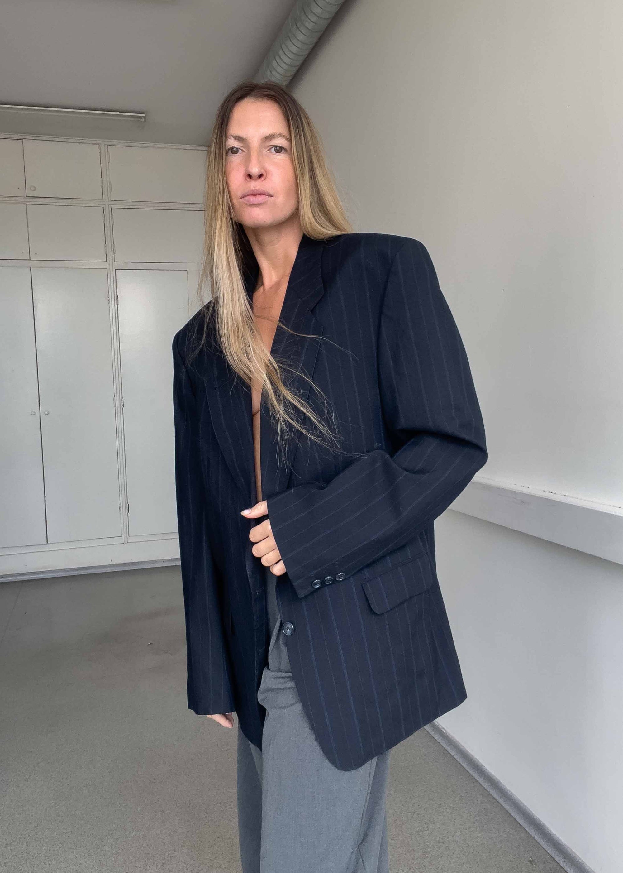 Vintage Navy Blue Stripy Oversized Blazer