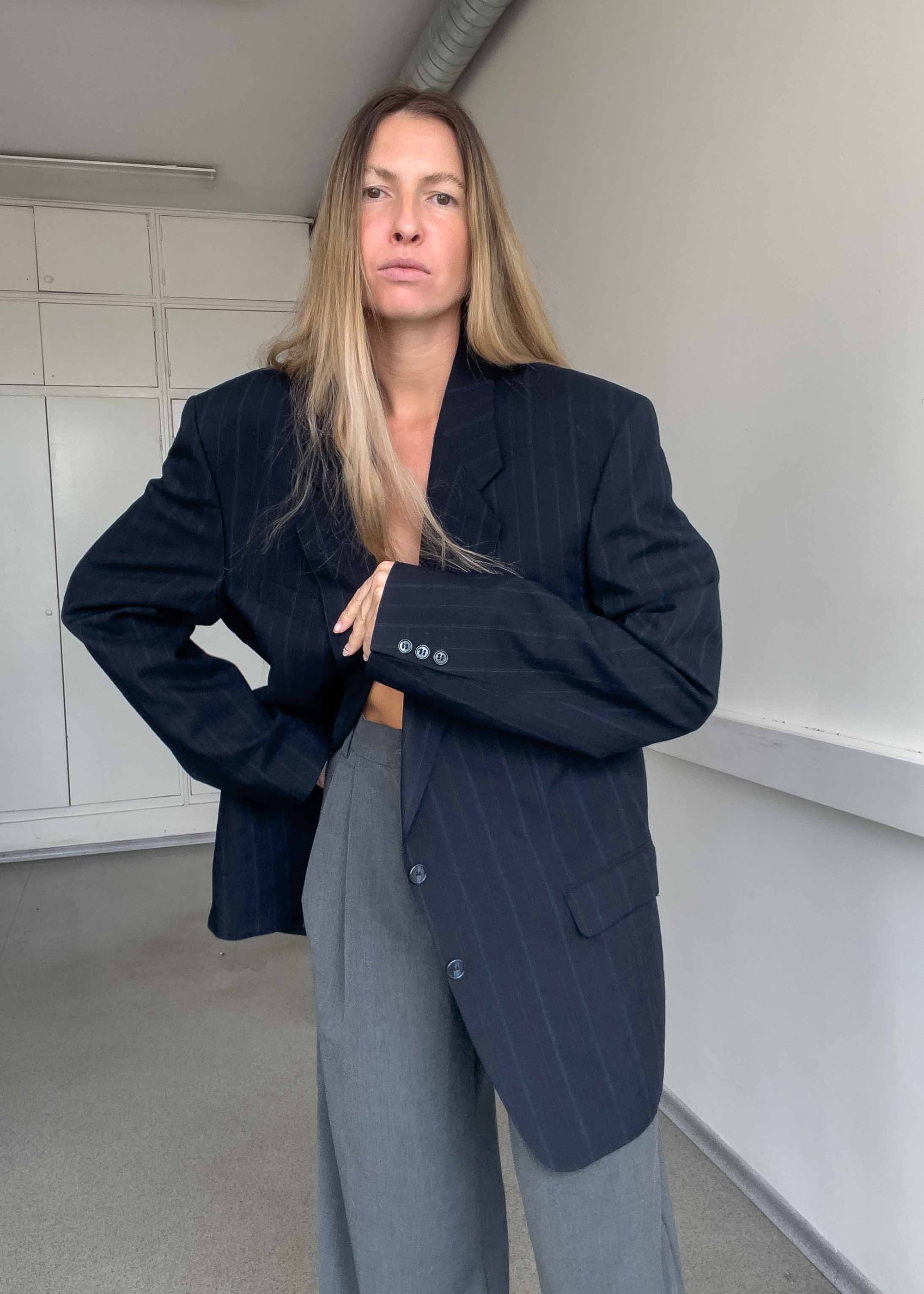 Vintage Navy Blue Stripy Oversized Blazer