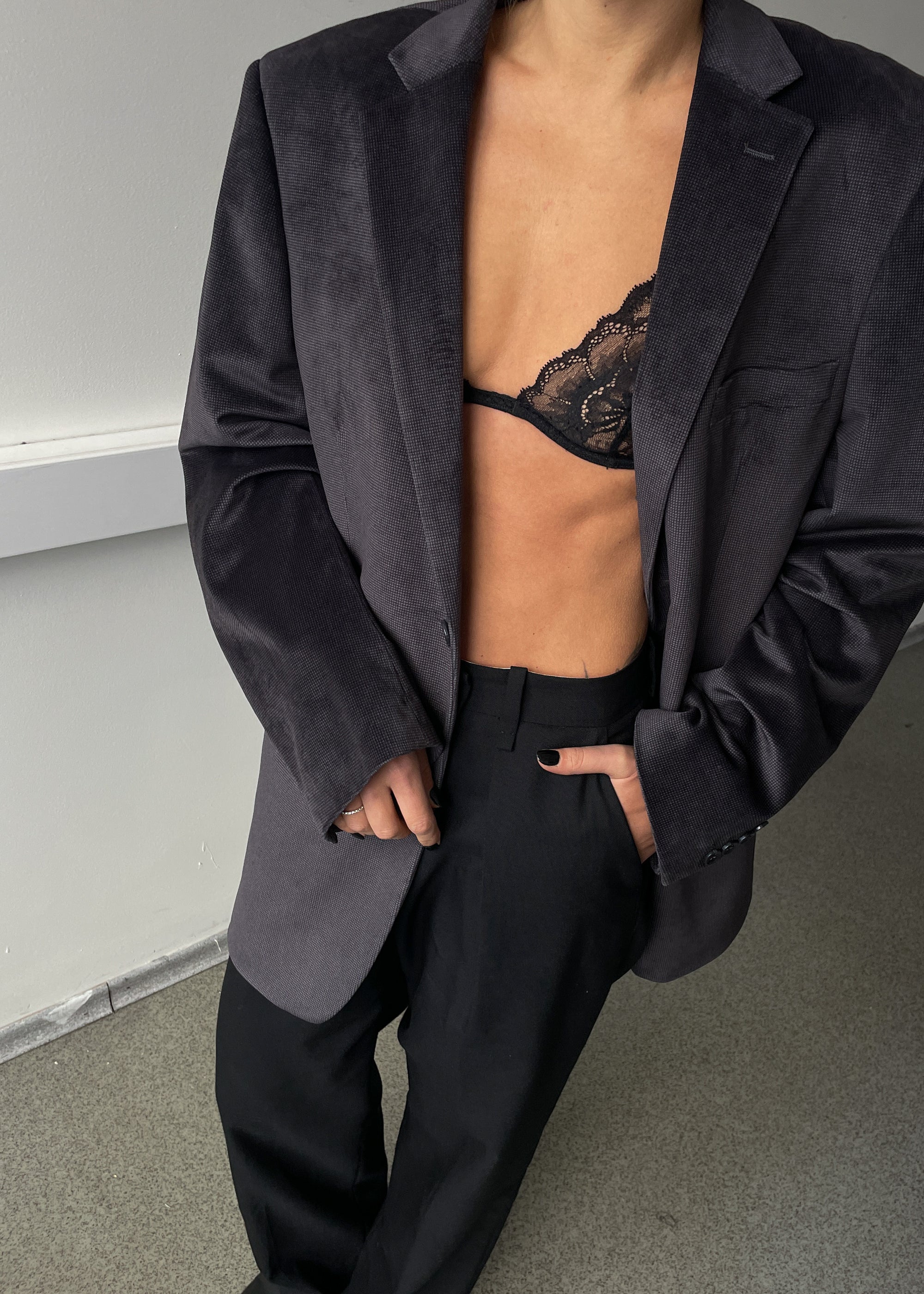 Vintage Dark Grey Velvet Oversized Festive Blazer