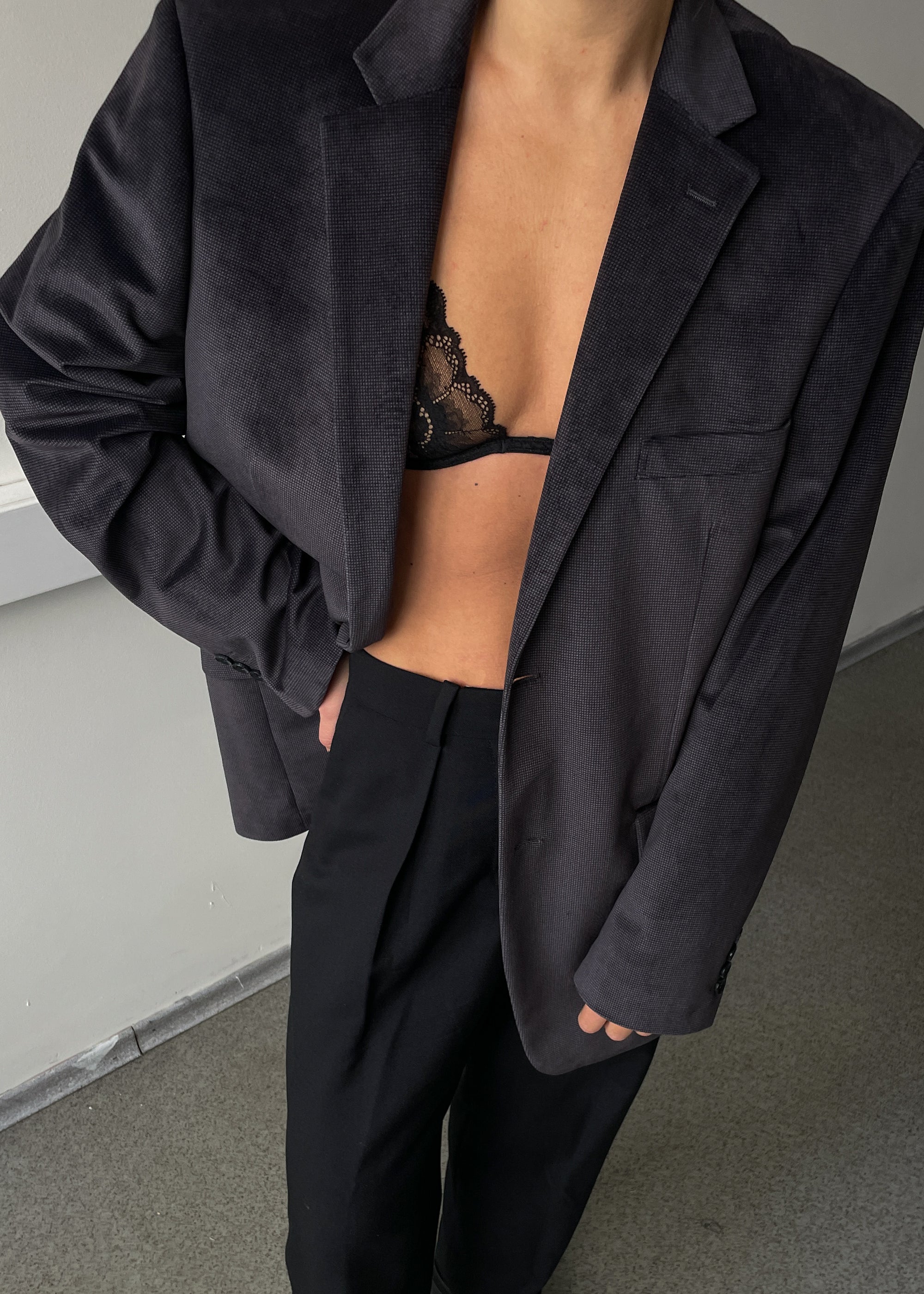 Vintage Dark Grey Velvet Oversized Festive Blazer