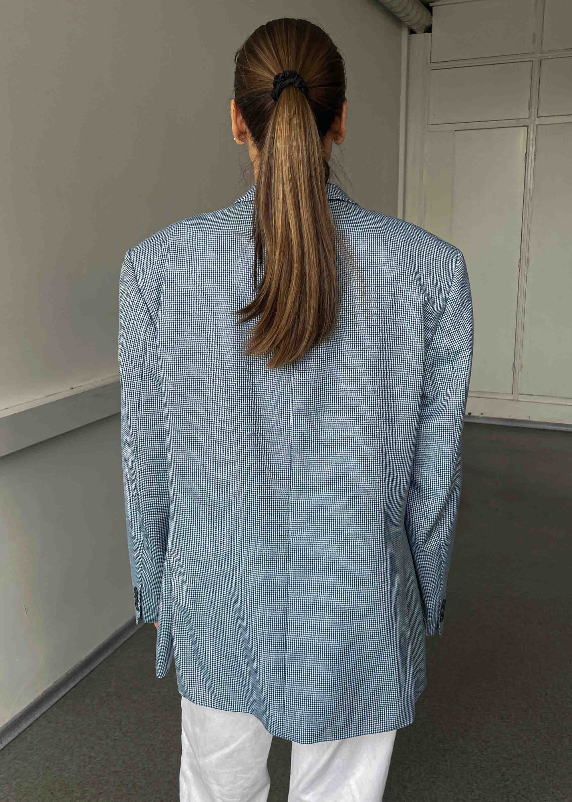 Vintage Blue & White Dogtooth Print Oversized Blazer