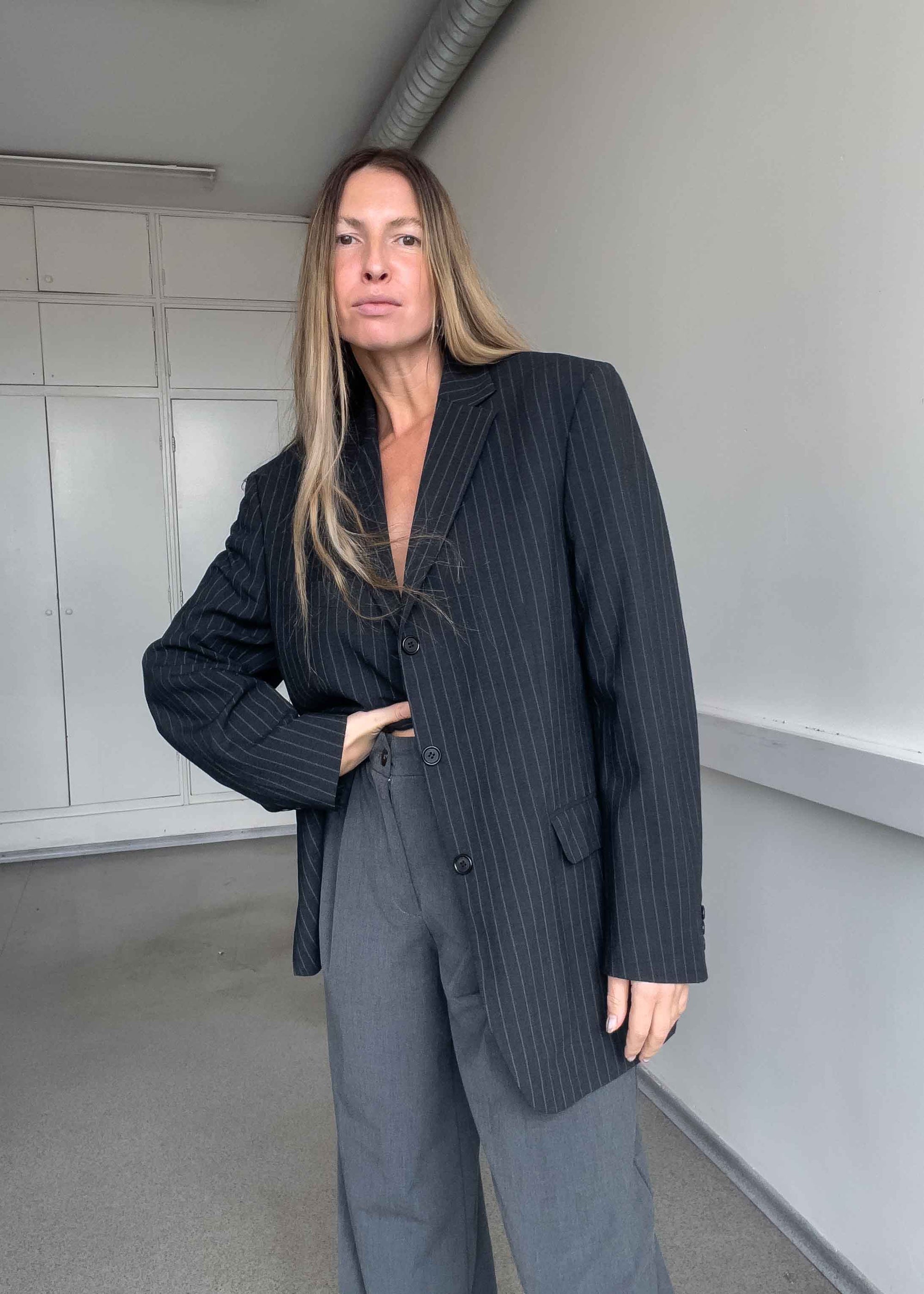 Vintage Black Stripy Oversized Blazer