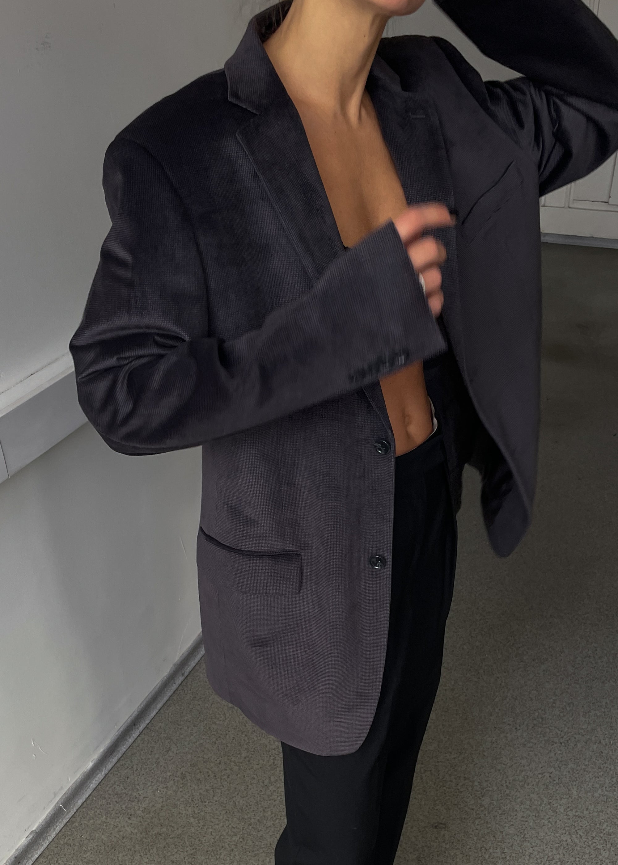 Vintage Dark Grey Velvet Oversized Festive Blazer