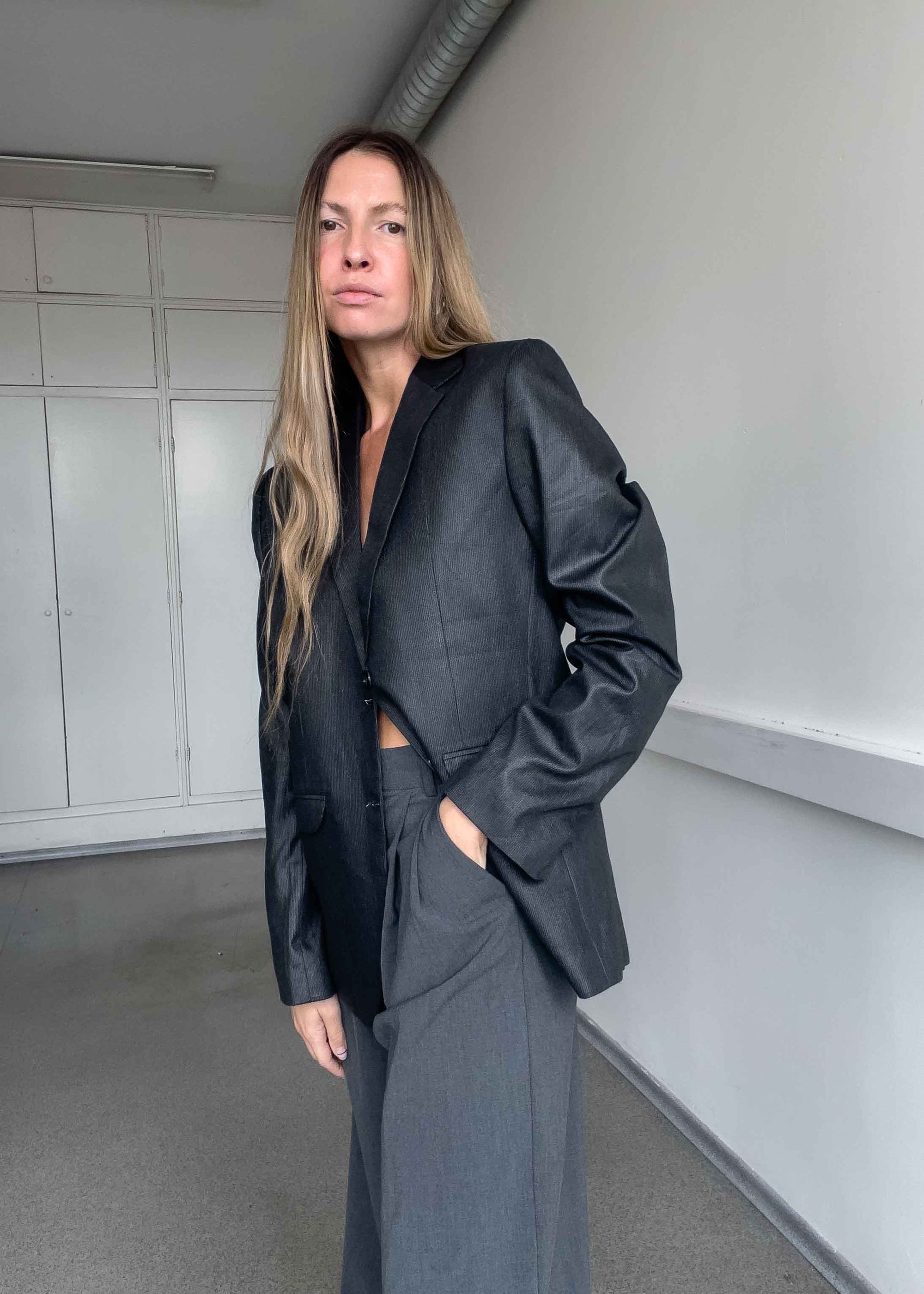 Vintage Metallic Black Stripy Oversized Blazer