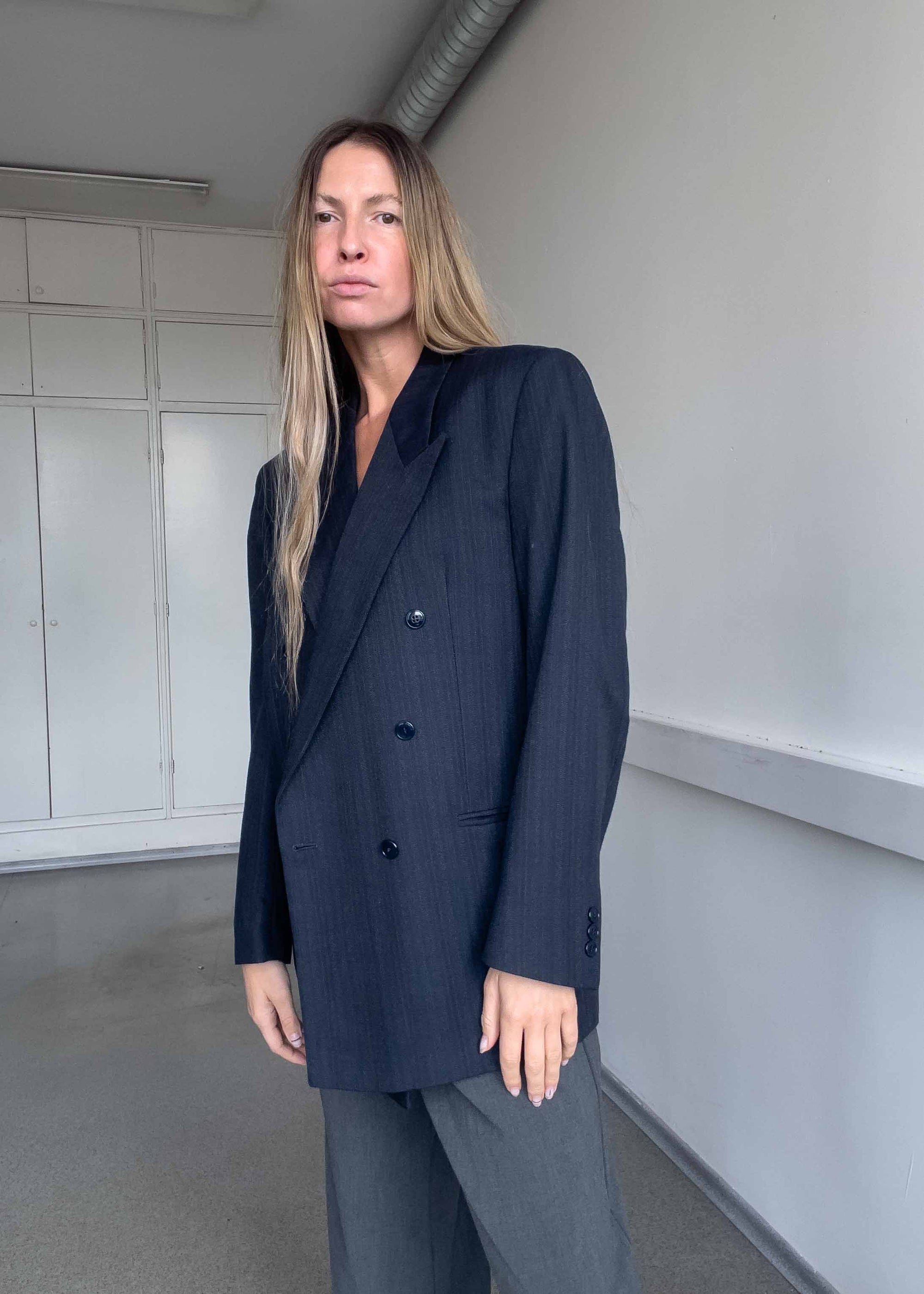 Vintage Blue Stripy Oversized Double Breasted Blazer