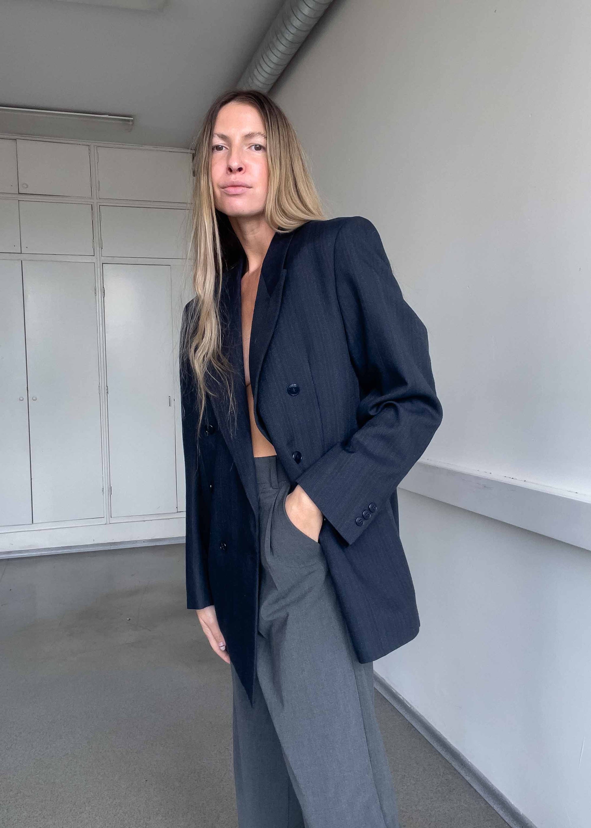 Vintage Blue Stripy Oversized Double Breasted Blazer