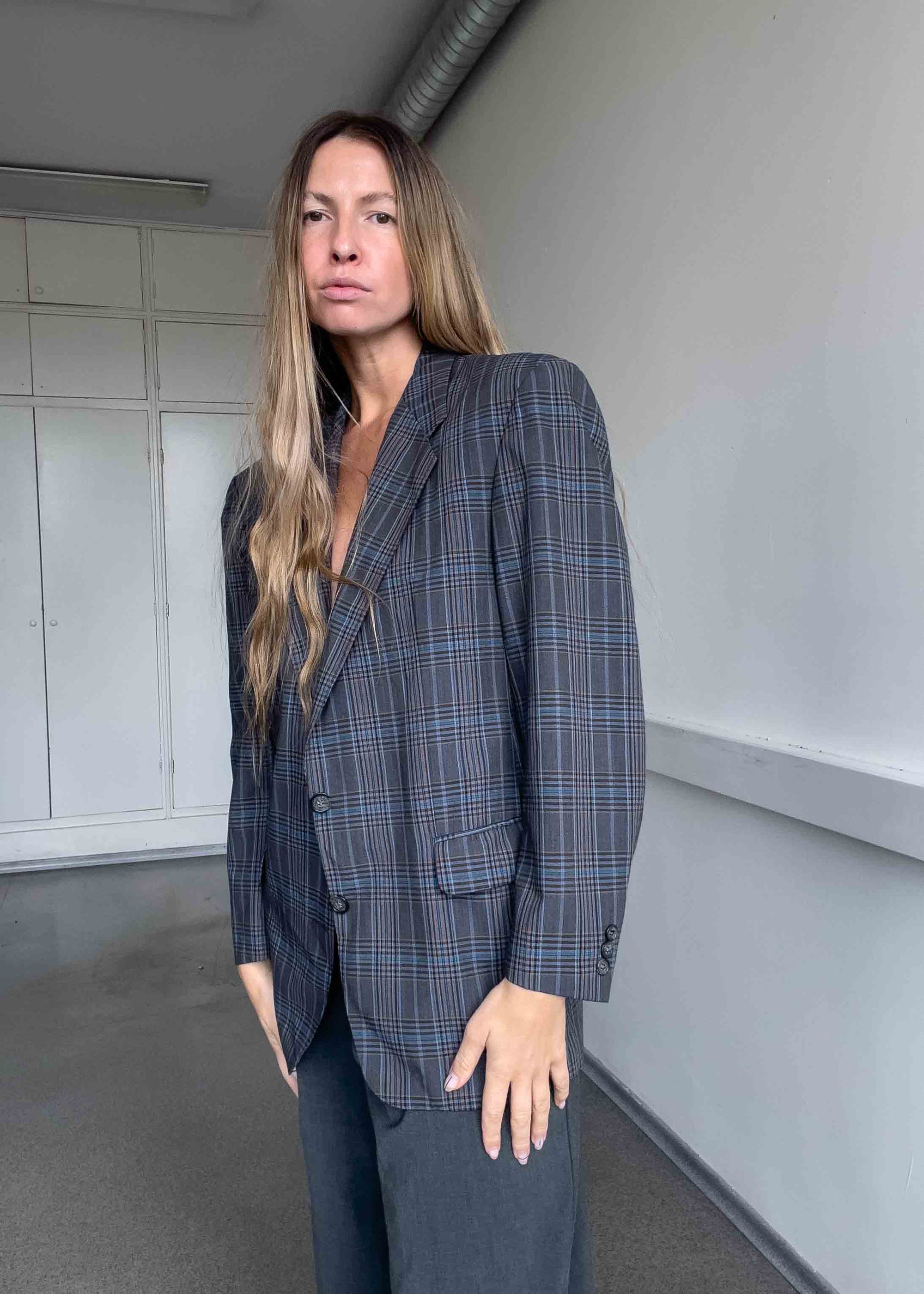 Vintage Grey Checked Oversized Blazer
