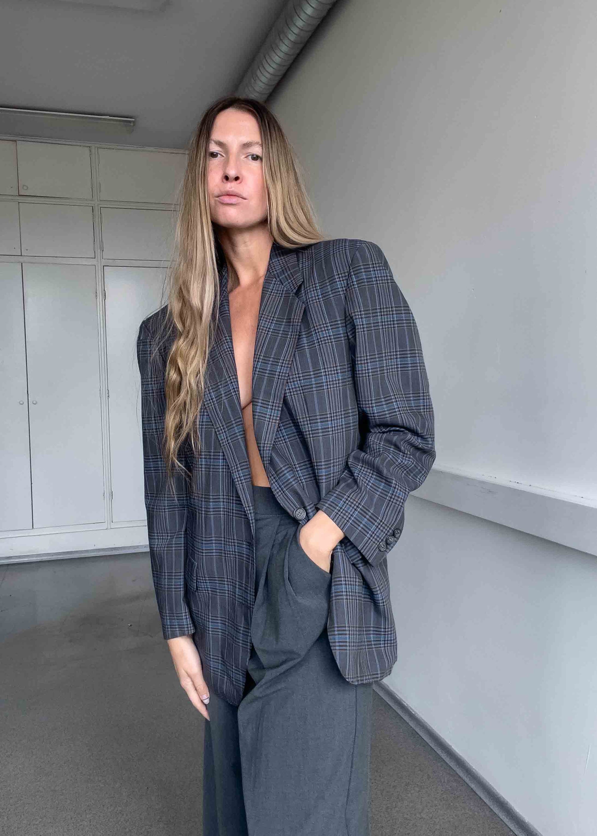 Vintage Grey Checked Oversized Blazer