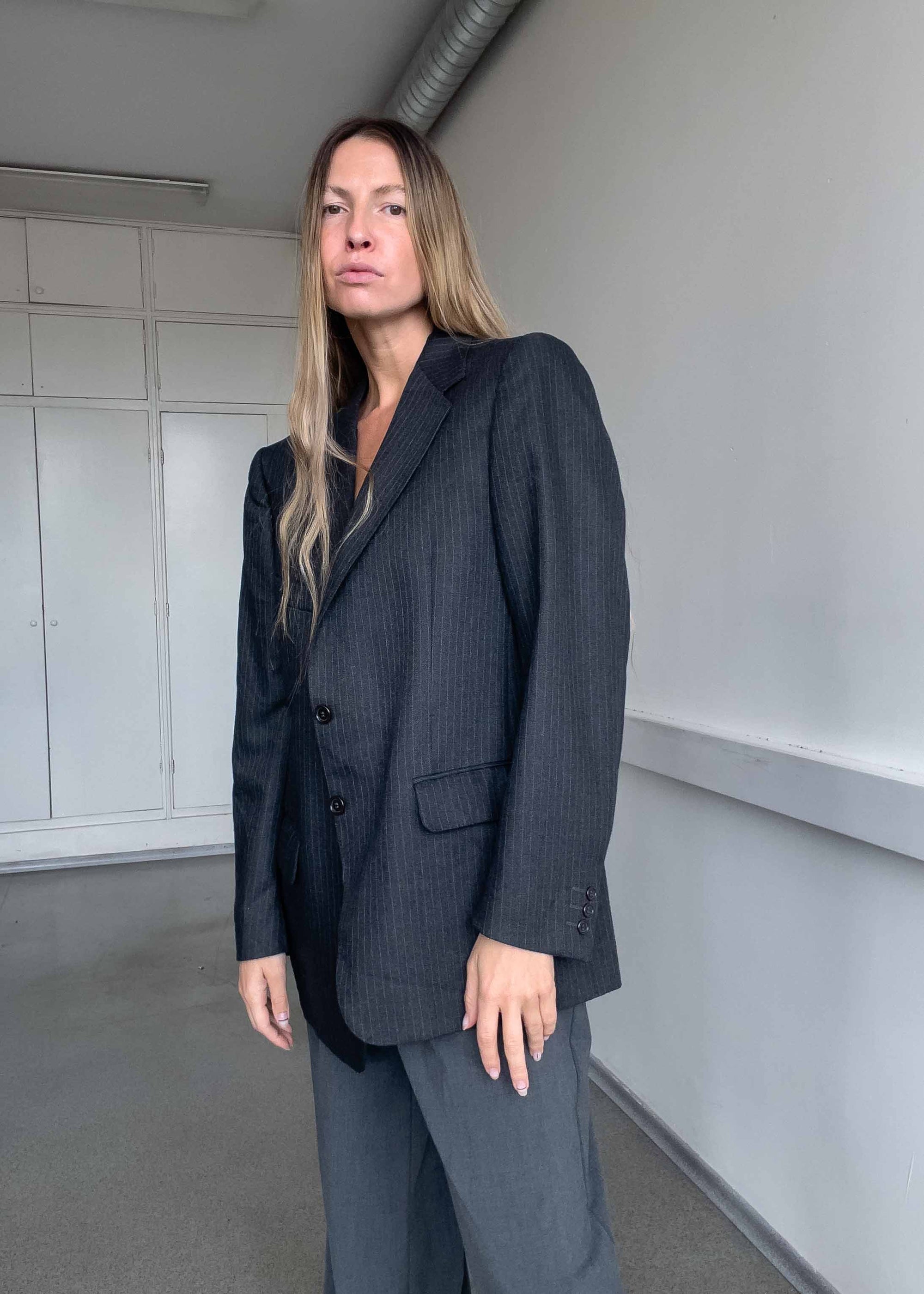 Vintage Grey Stripy Oversized Blazer