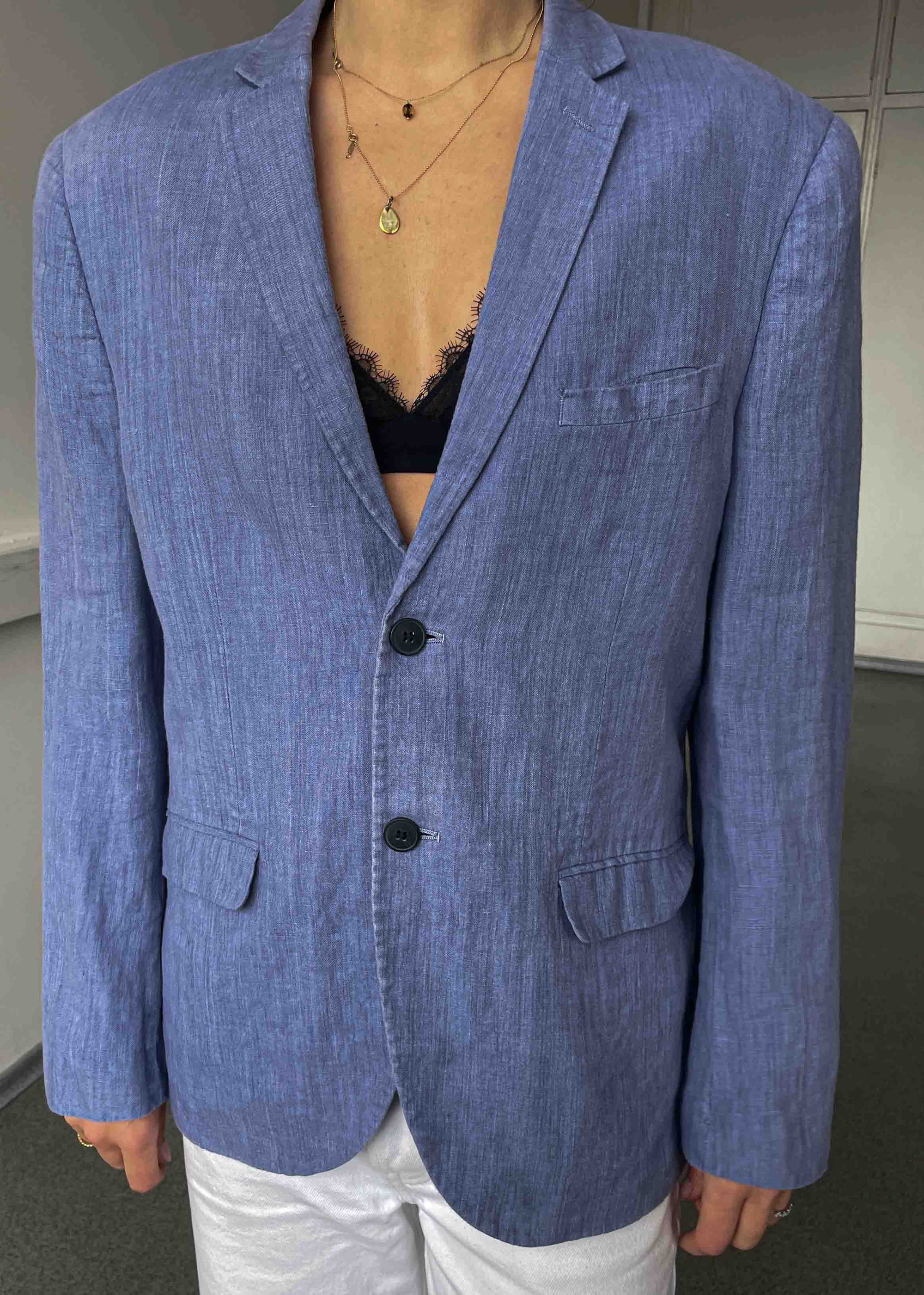 Vintage Light Blue Oversized Linen Blazer