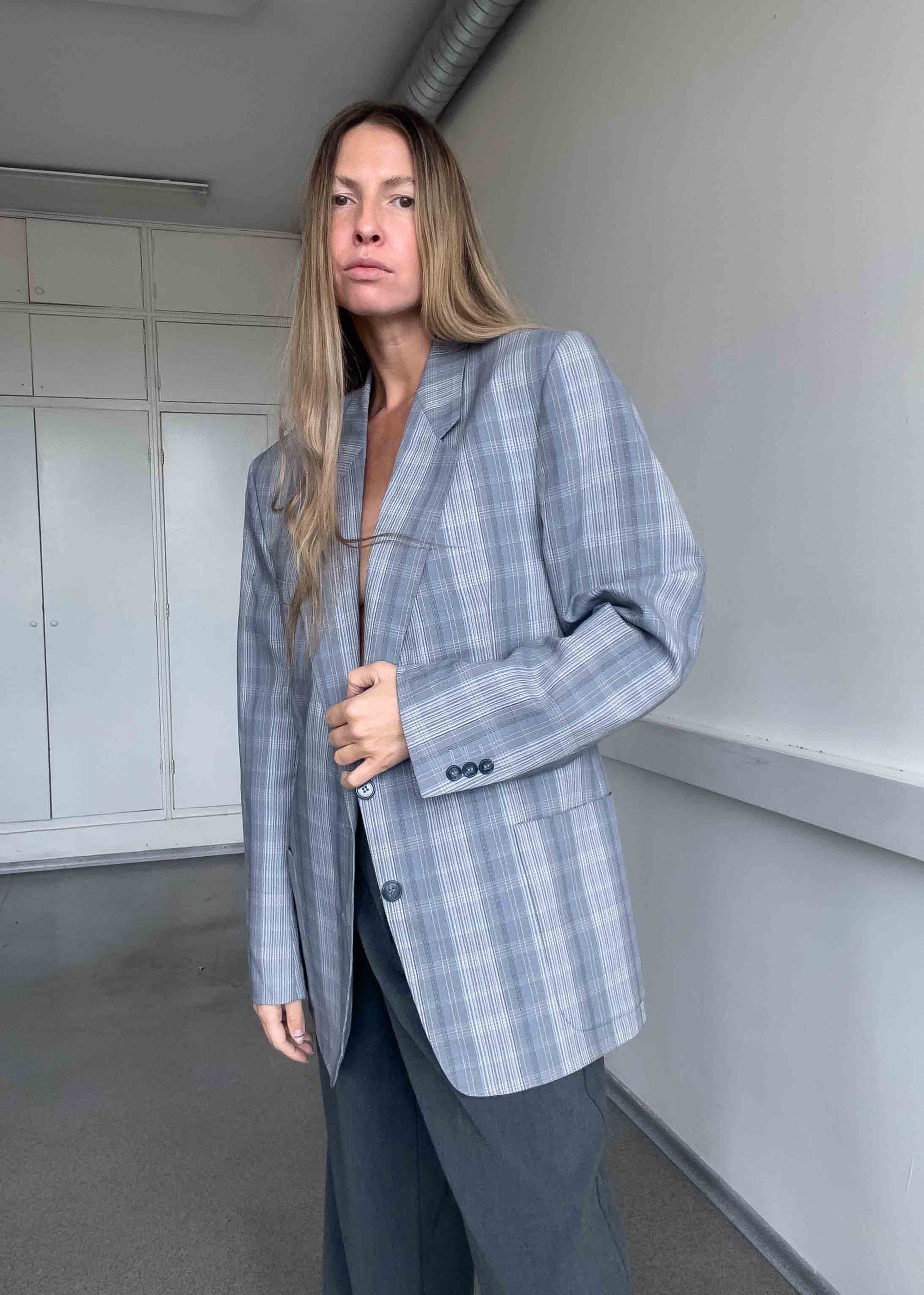 Vintage Grey Checked Oversized Blazer