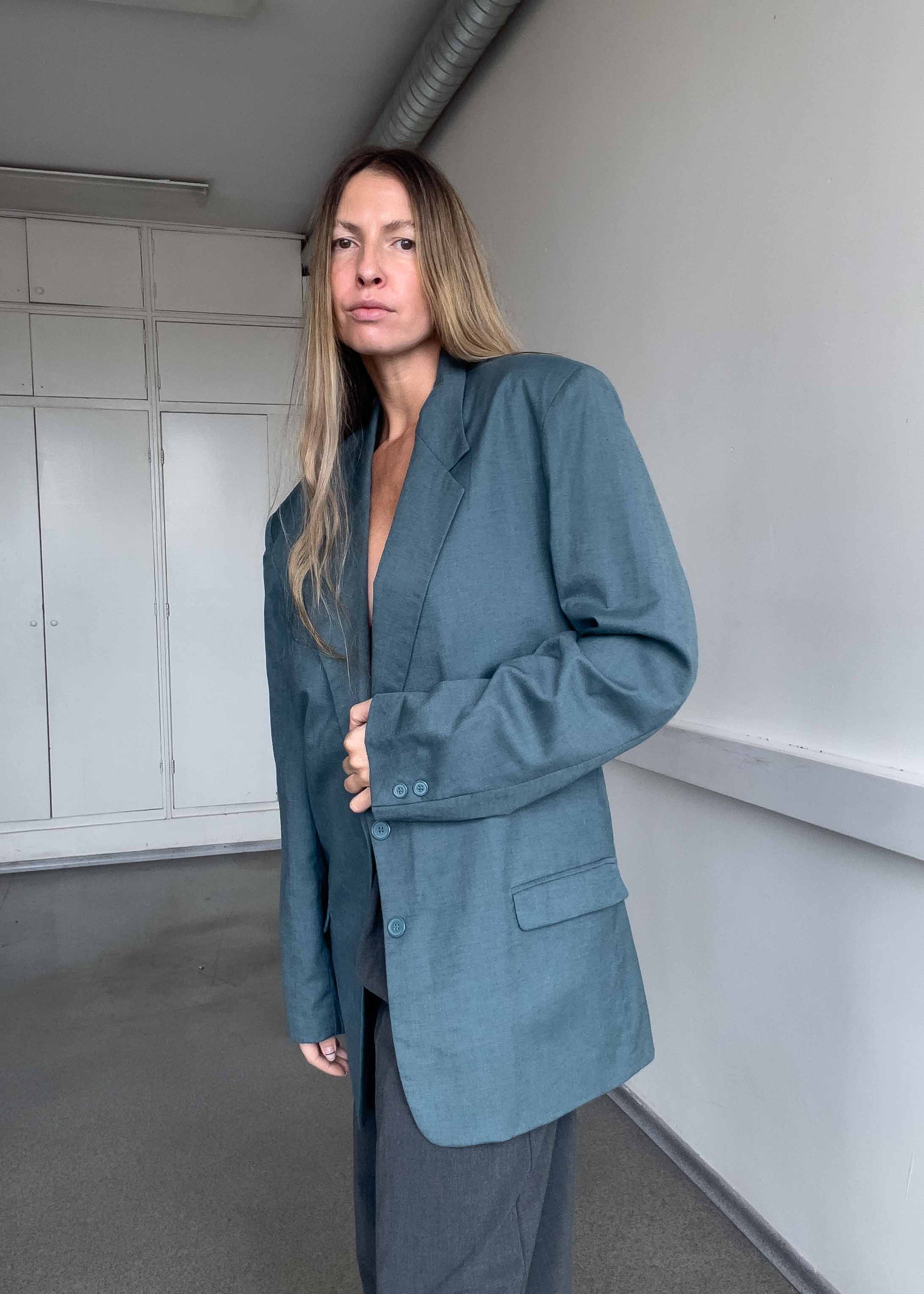 Vintage Turquoise Oversized Cotton & Linen Blazer