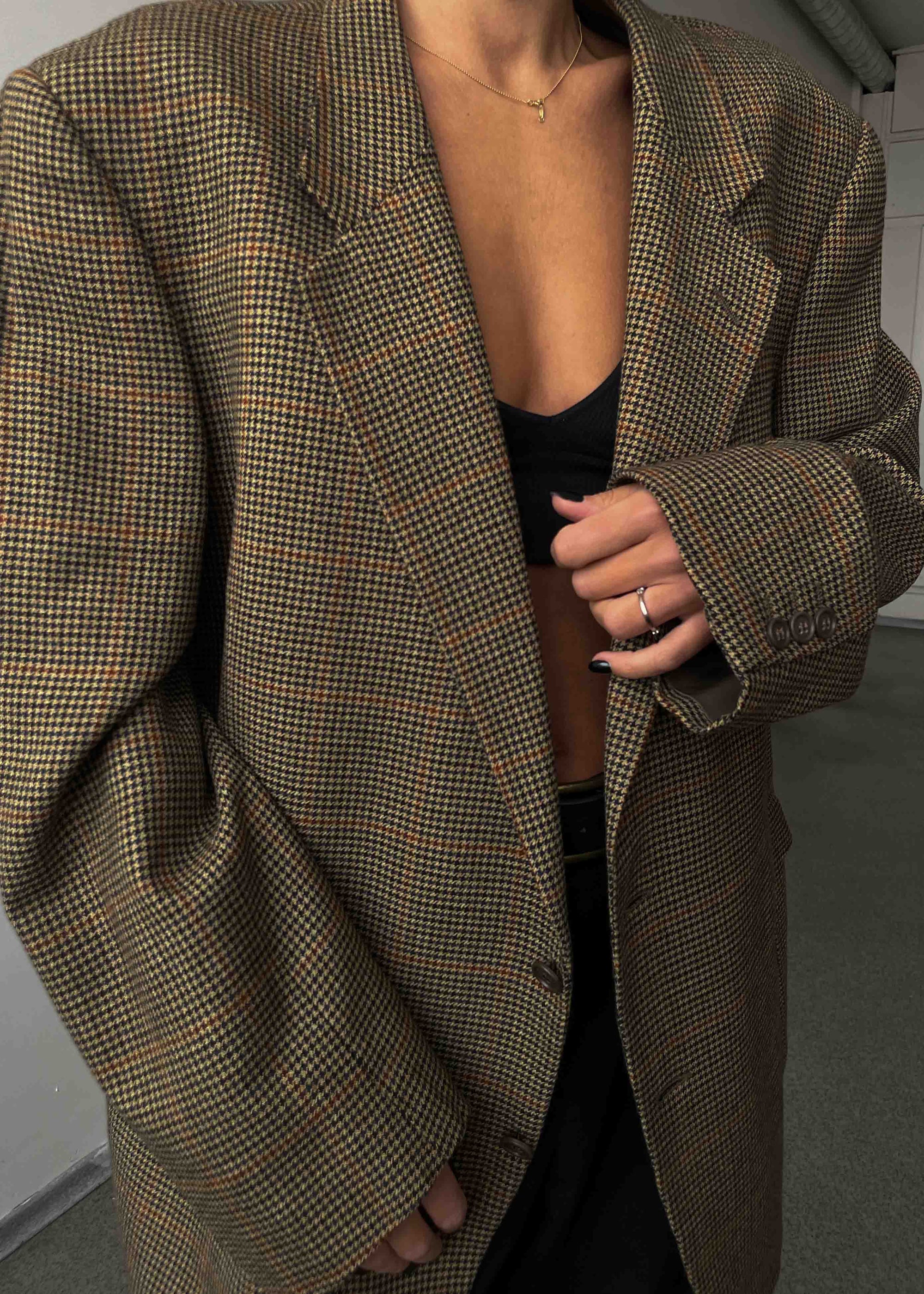 Vintage Multicoloured Dogtooth Print Oversized Blazer