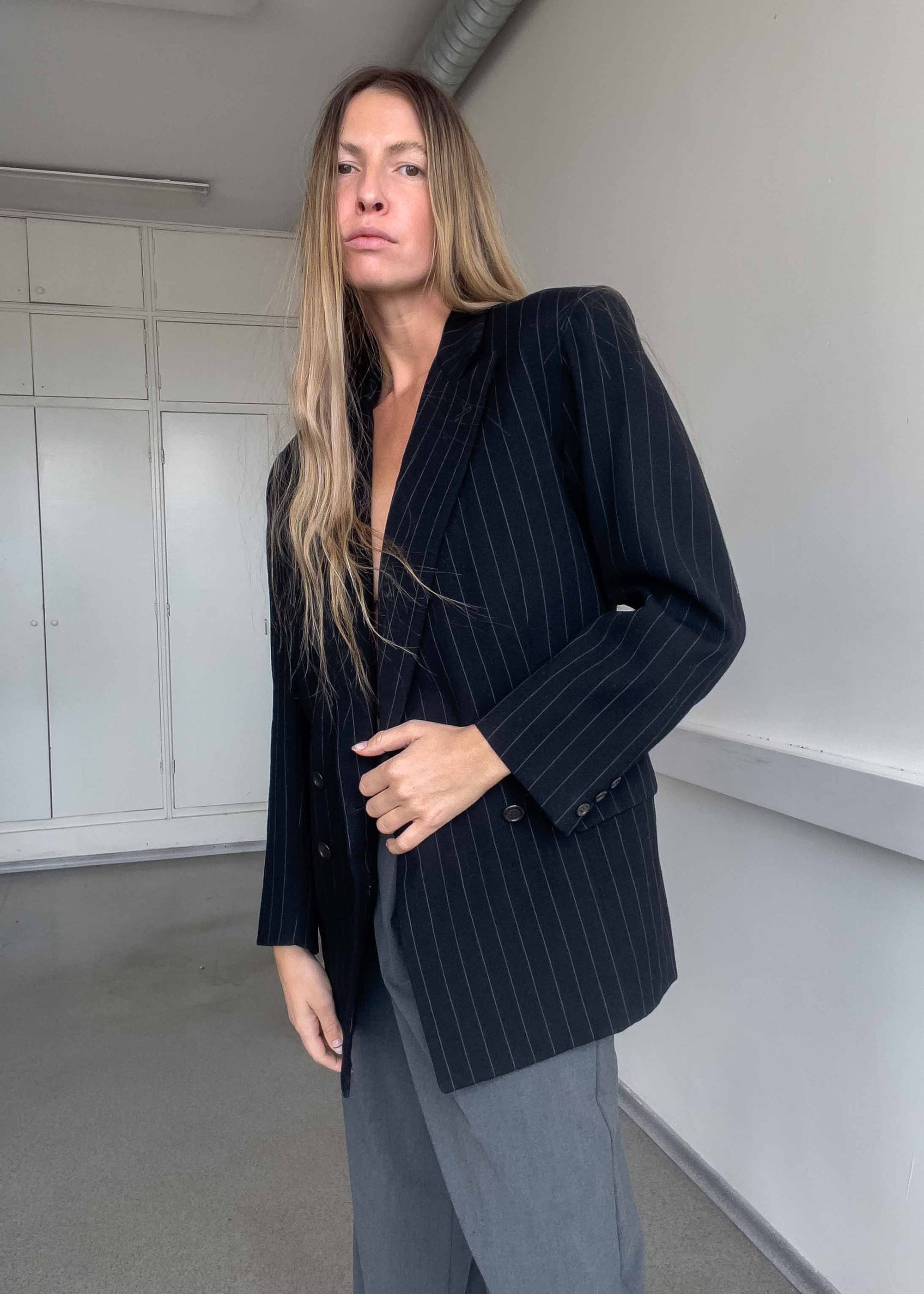 Vintage Black Stripy Oversized Double Breasted Blazer