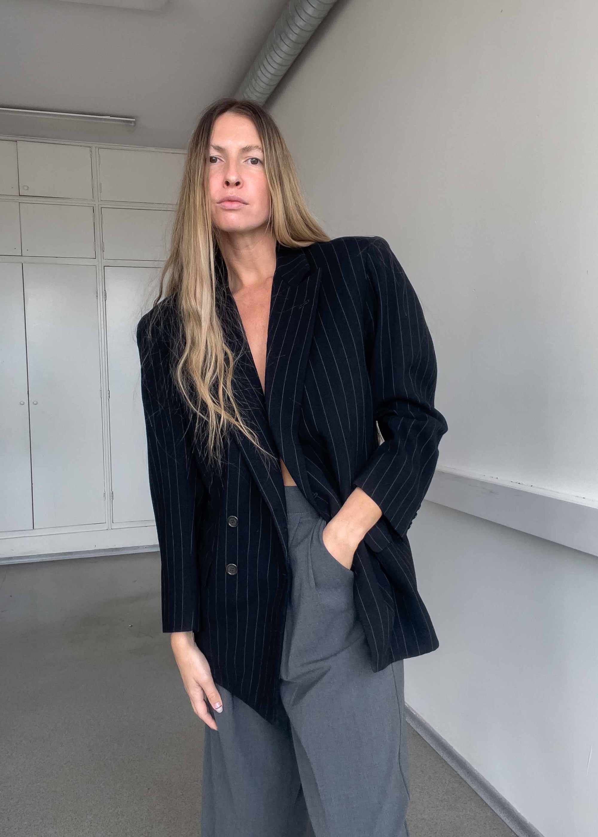 Vintage Black Stripy Oversized Double Breasted Blazer
