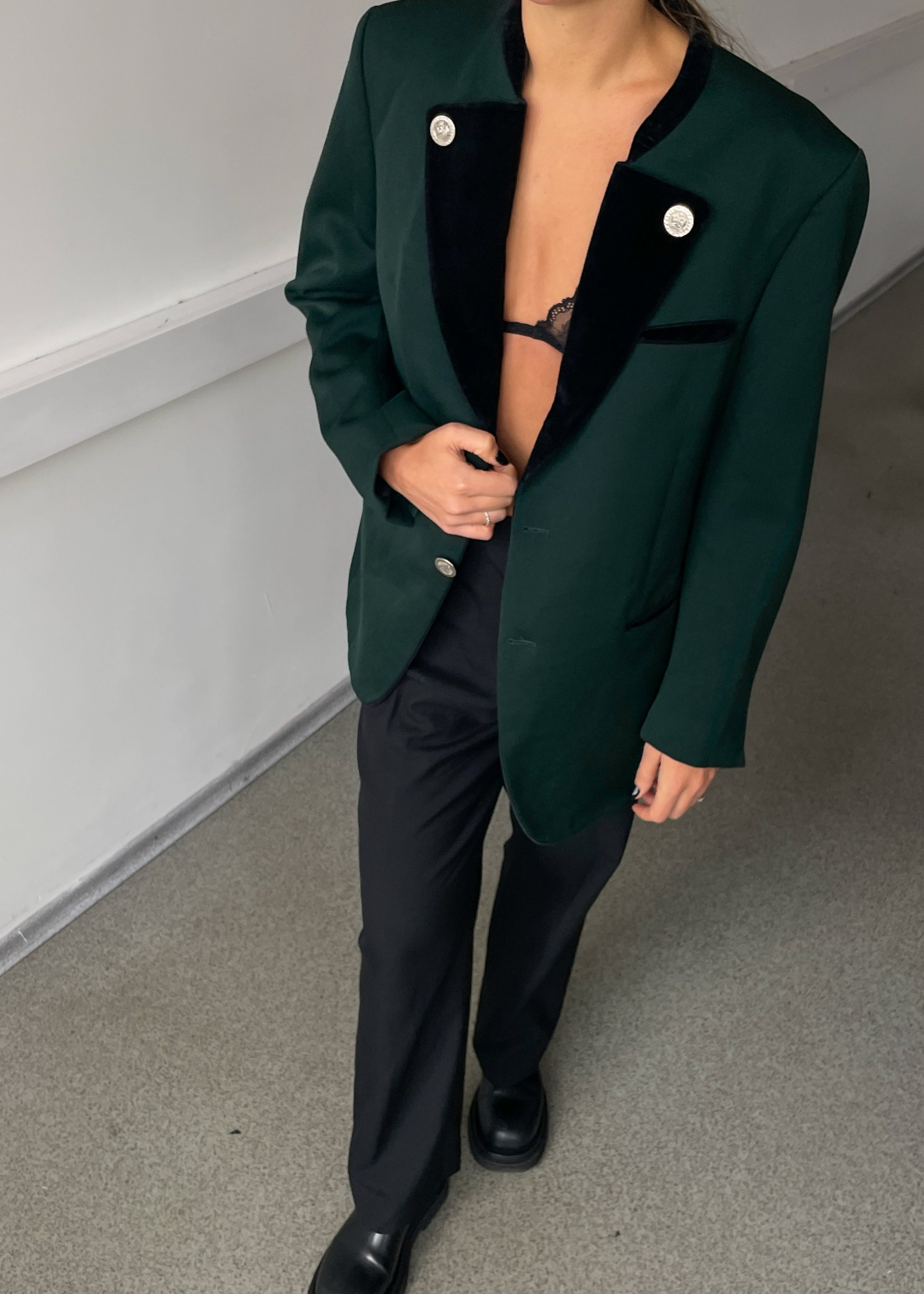 Vintage Deep Green Oversized 100% WOOL Festive Blazer