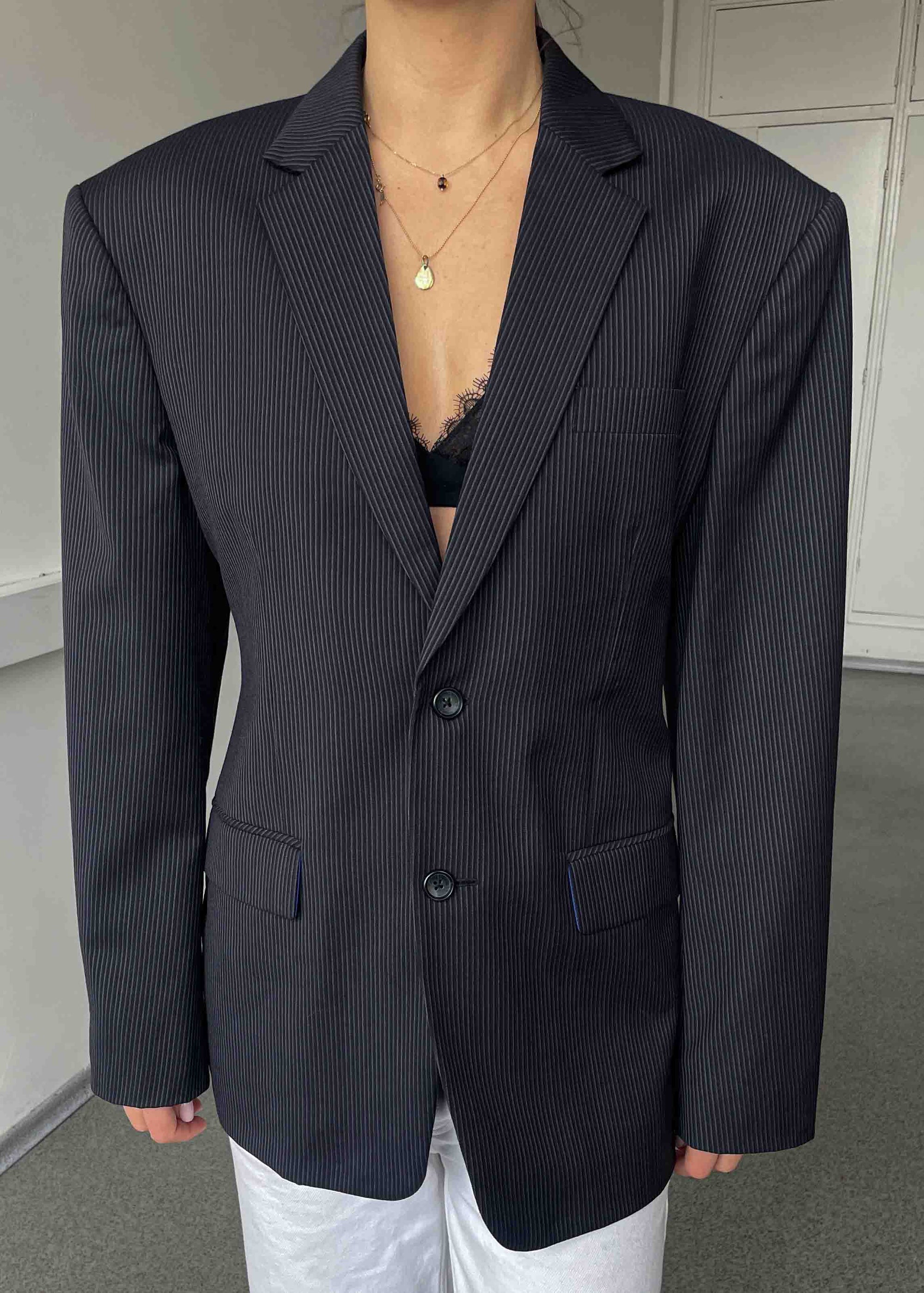 Vintage Dark Blue Striped Smaller Fit - Wide Shoulders Blazer