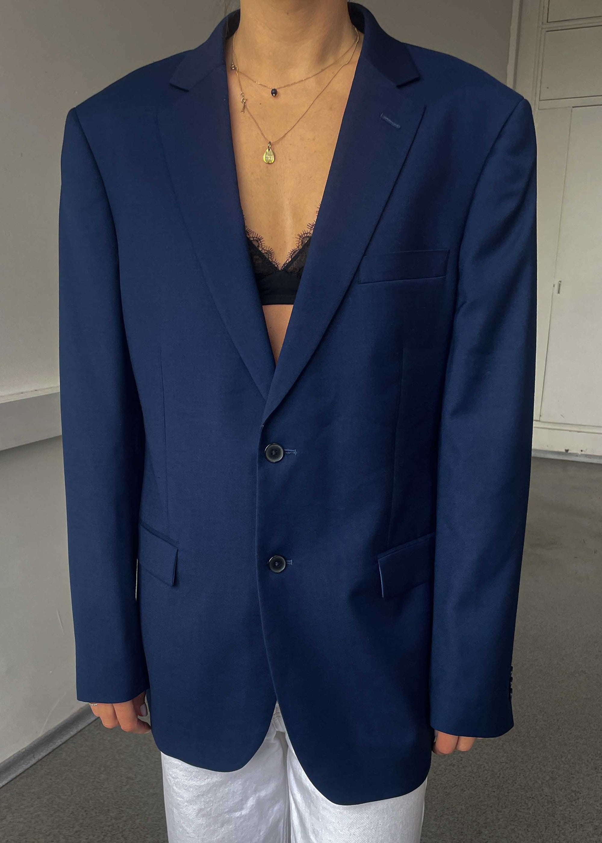 Vintage Blue Oversized Blazer with Golden Buttons
