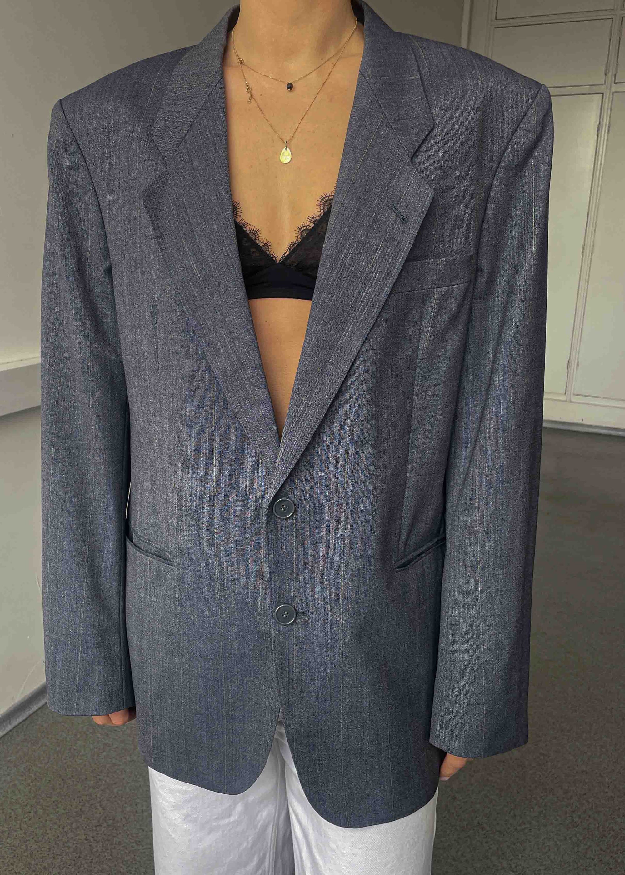 Vintage Grey Patterned Oversized 100% WOOL Blazer