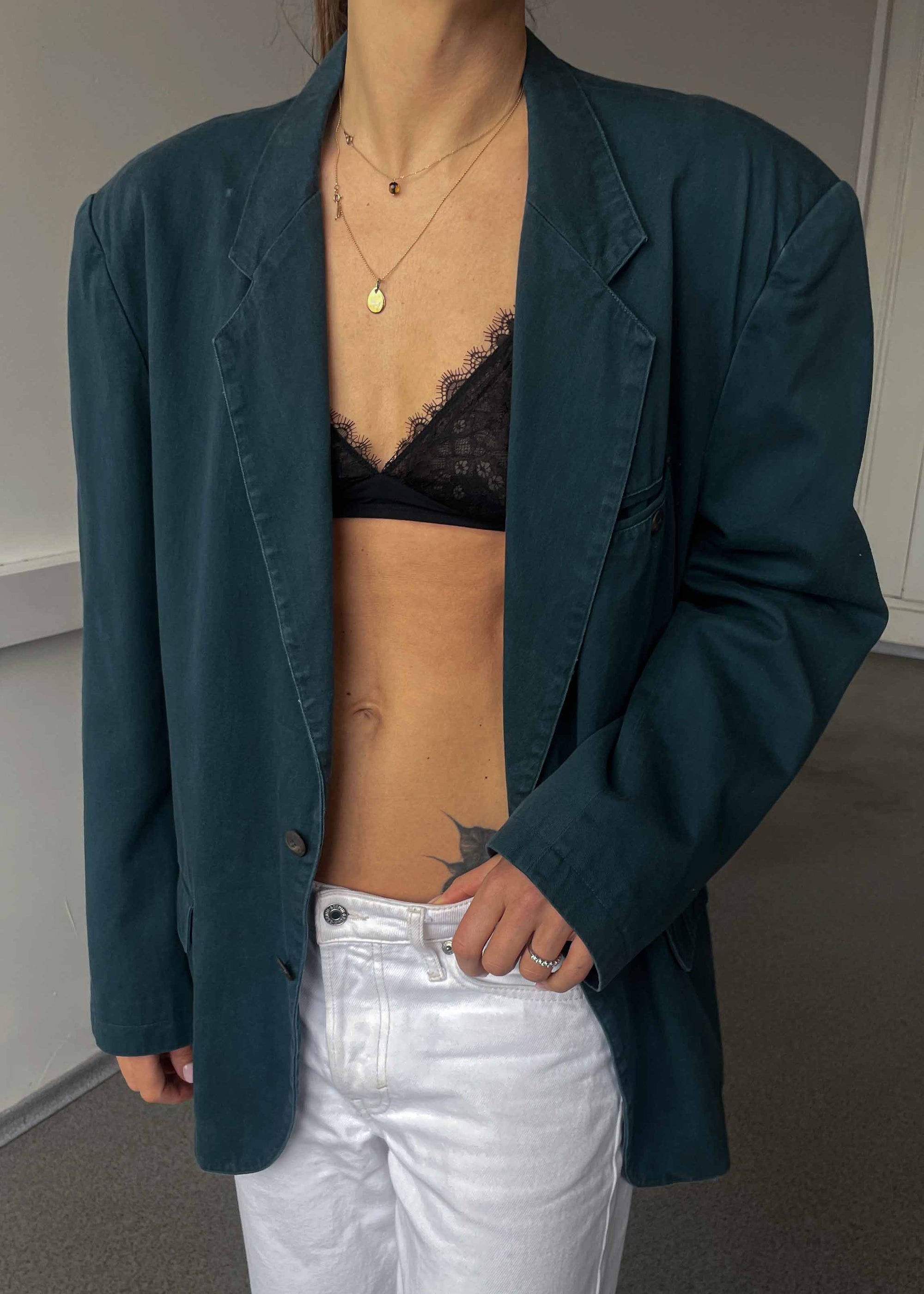 Vintage Bottle Green Oversized Cotton Blazer