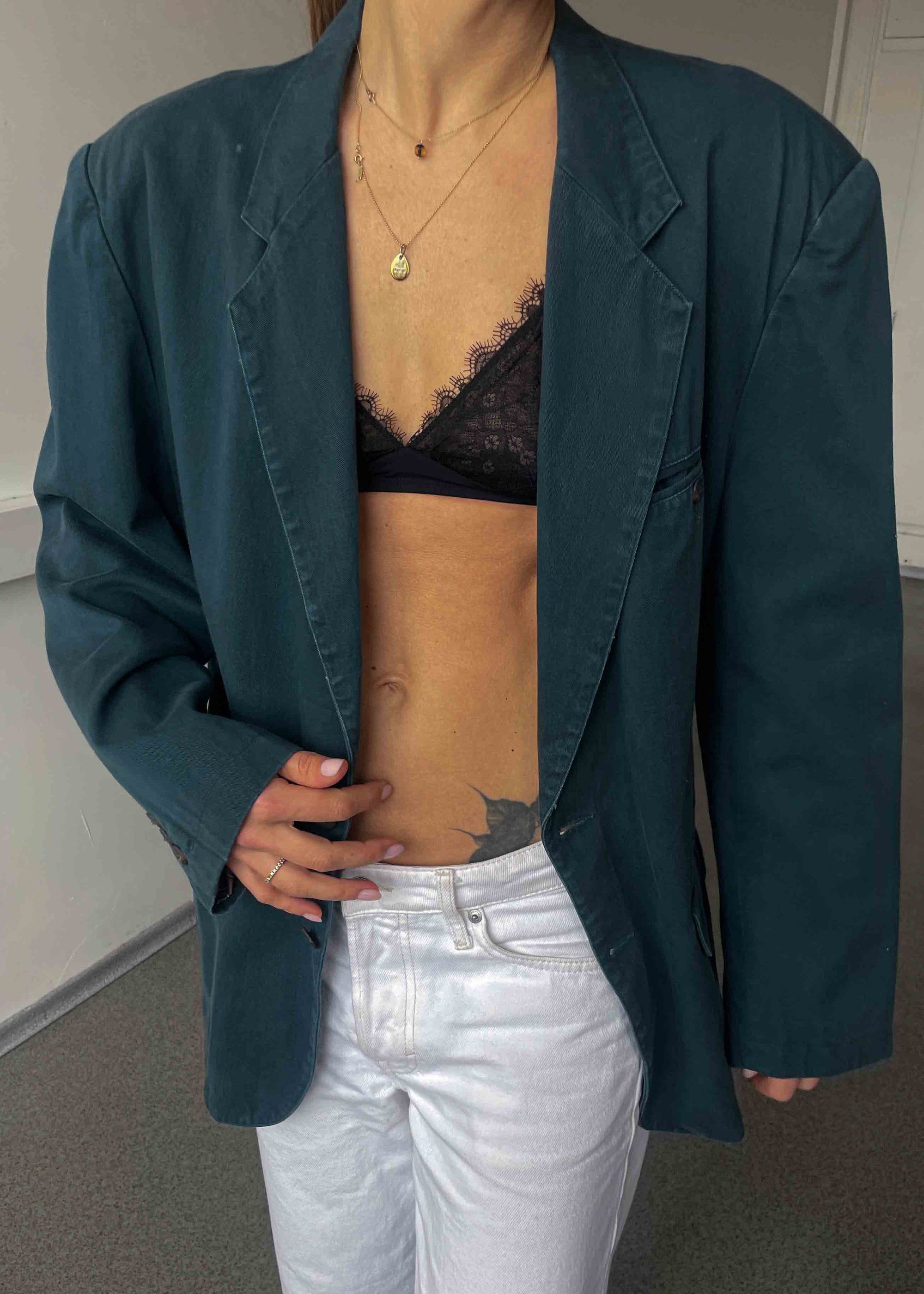 Vintage Bottle Green Oversized Cotton Blazer