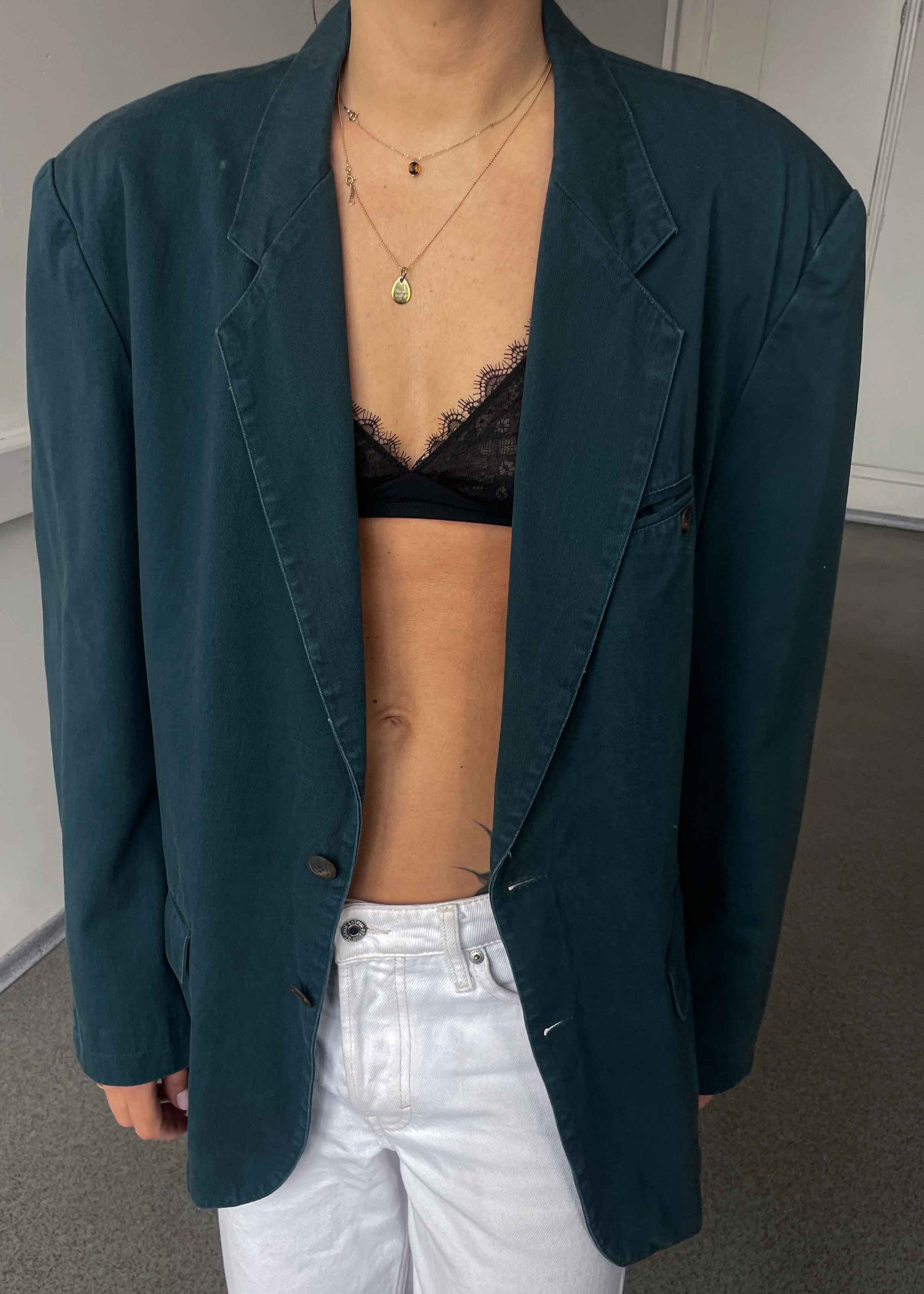Vintage Bottle Green Oversized Cotton Blazer