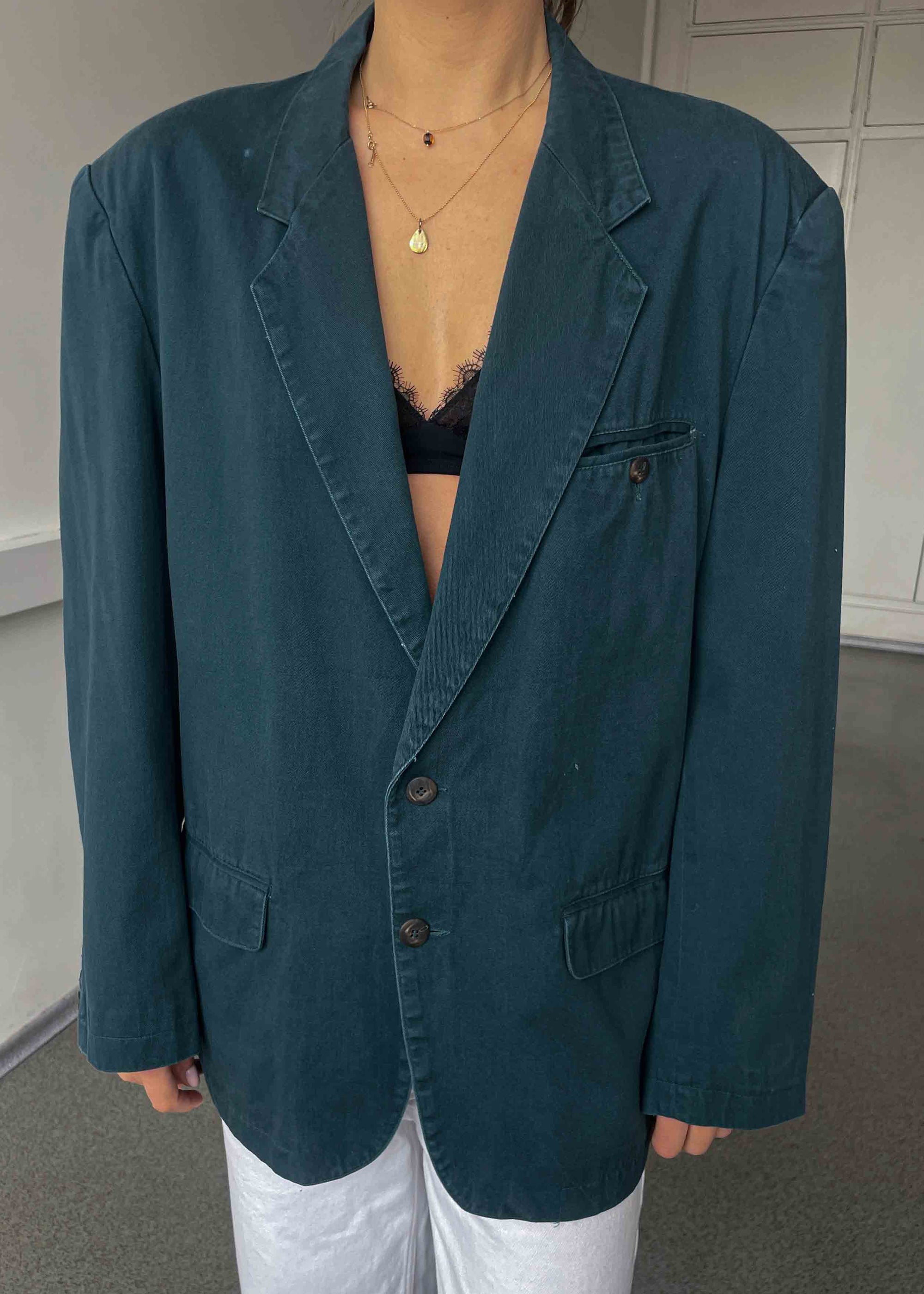 Vintage Bottle Green Oversized Cotton Blazer