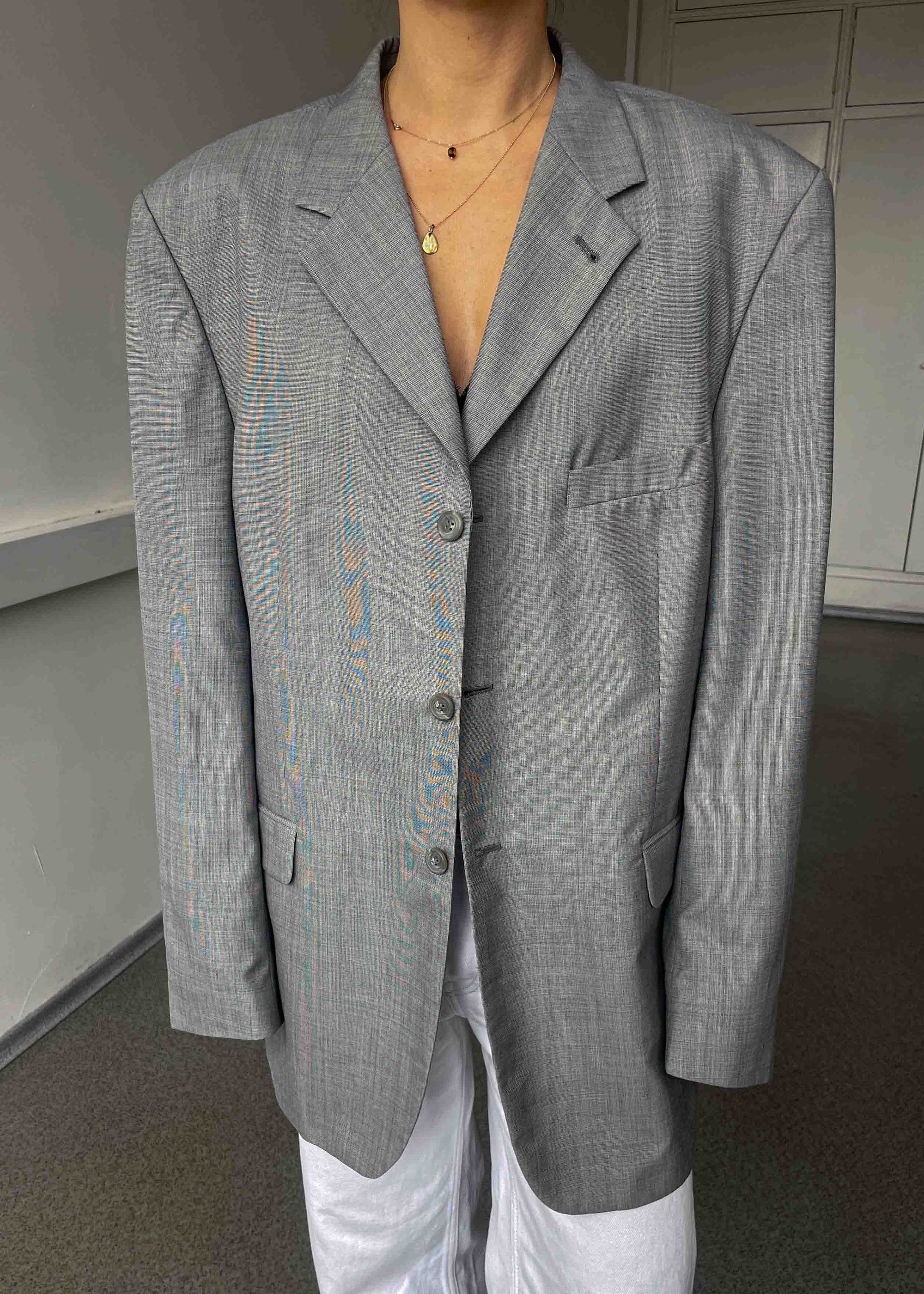 Vintage Light Grey Patterned Oversized Blazer