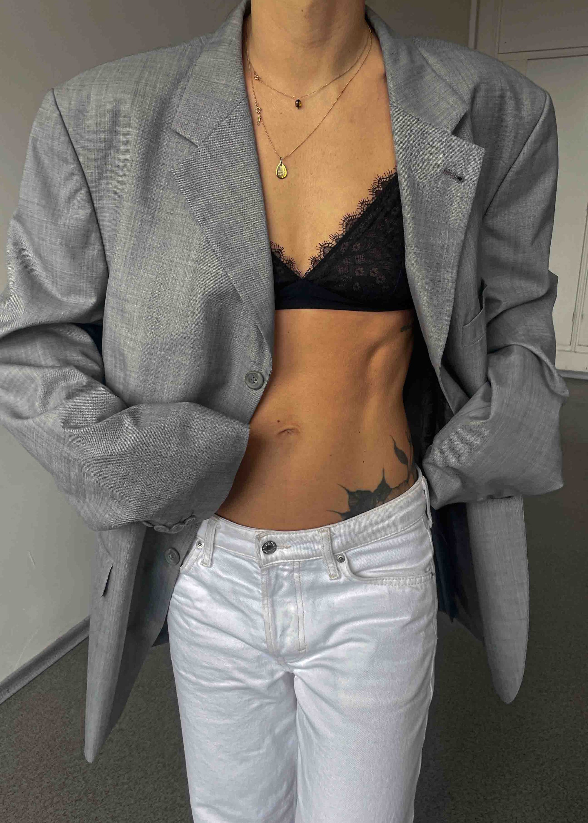 Vintage Light Grey Patterned Oversized Blazer