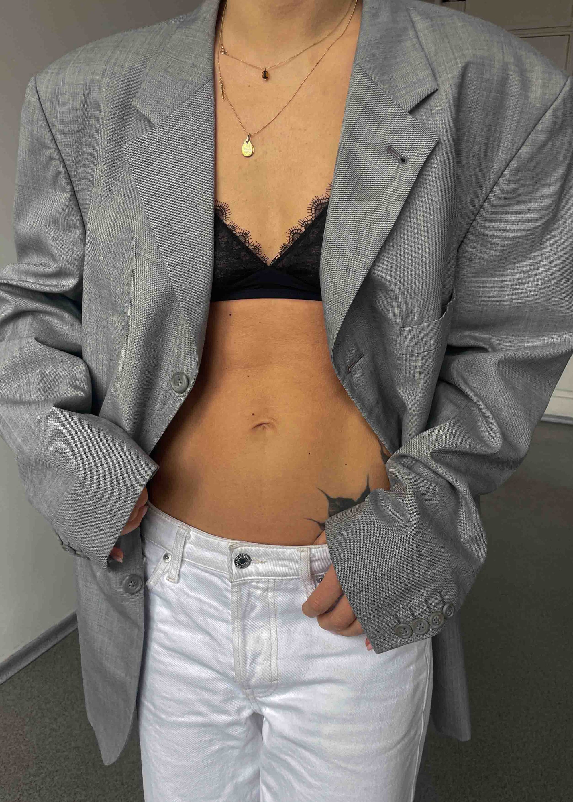Vintage Light Grey Patterned Oversized Blazer