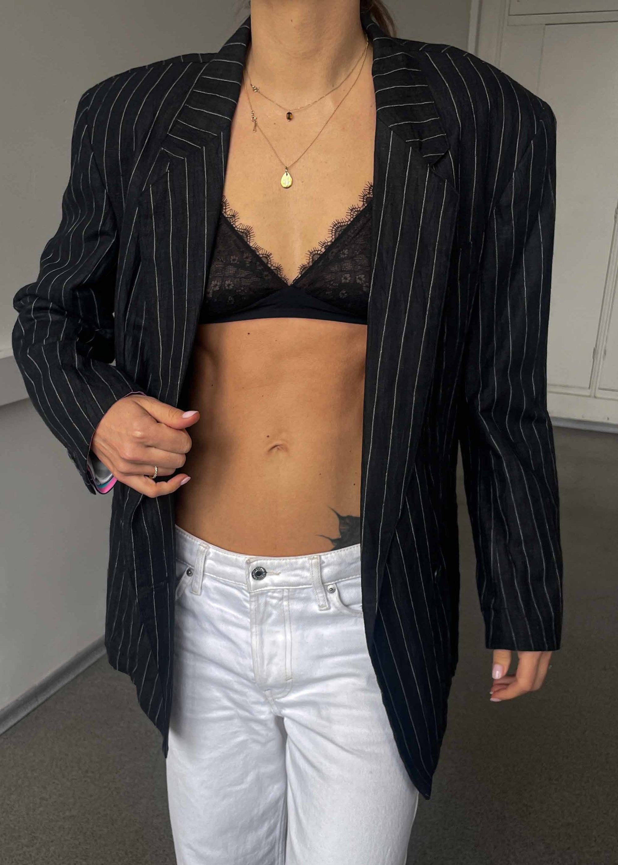Vintage Faded Black Striped Oversized Linen Blazer