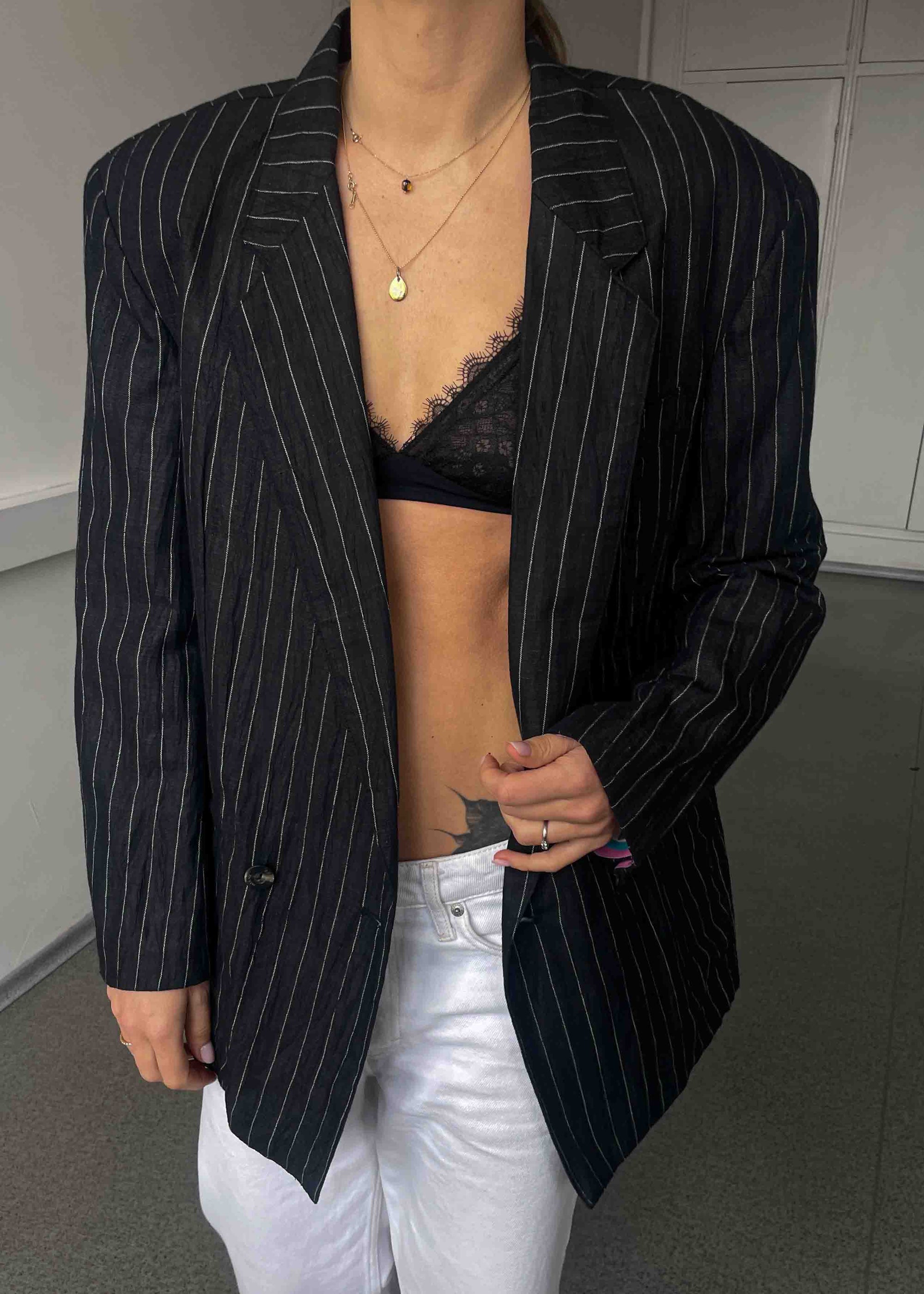Vintage Faded Black Striped Oversized Linen Blazer