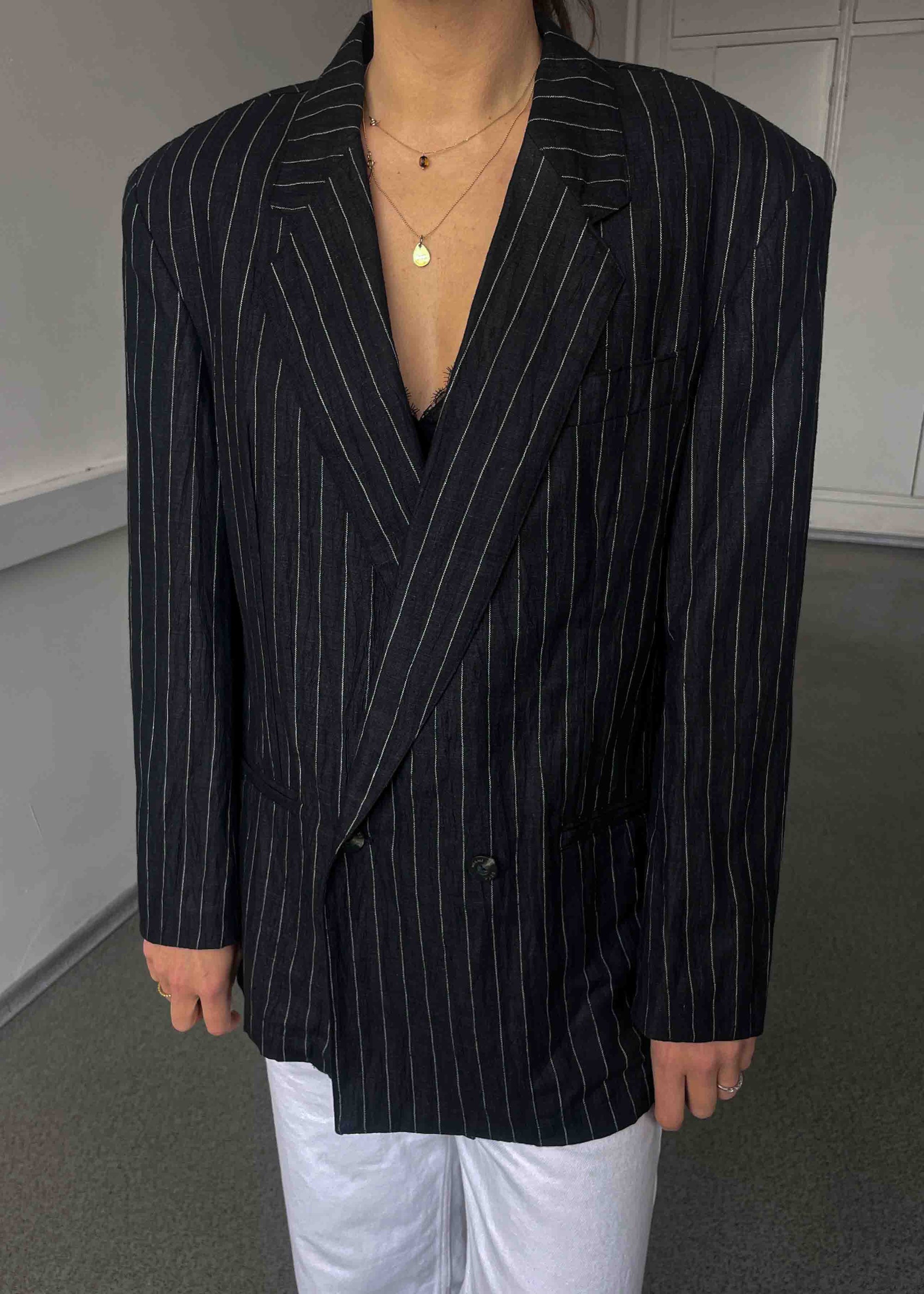 Vintage Faded Black Striped Oversized Linen Blazer