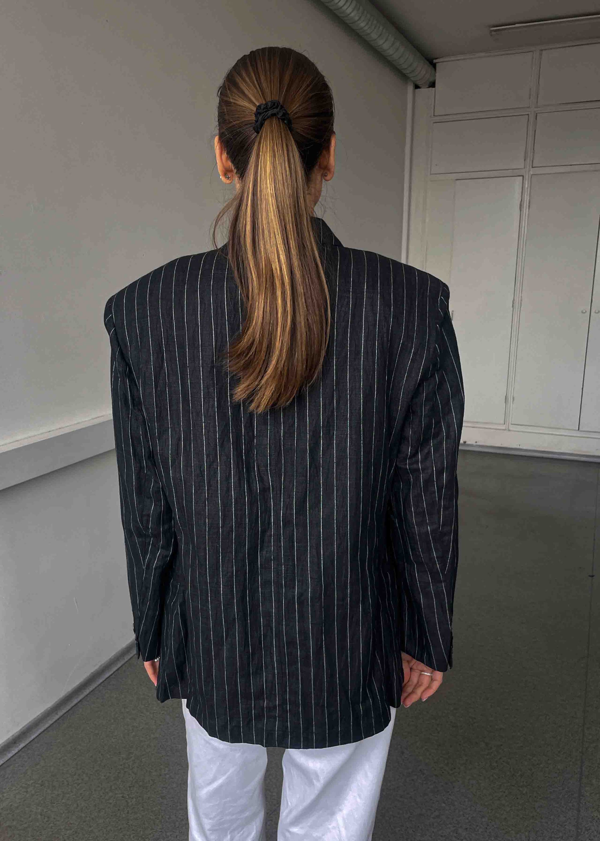 Vintage Faded Black Striped Oversized Linen Blazer