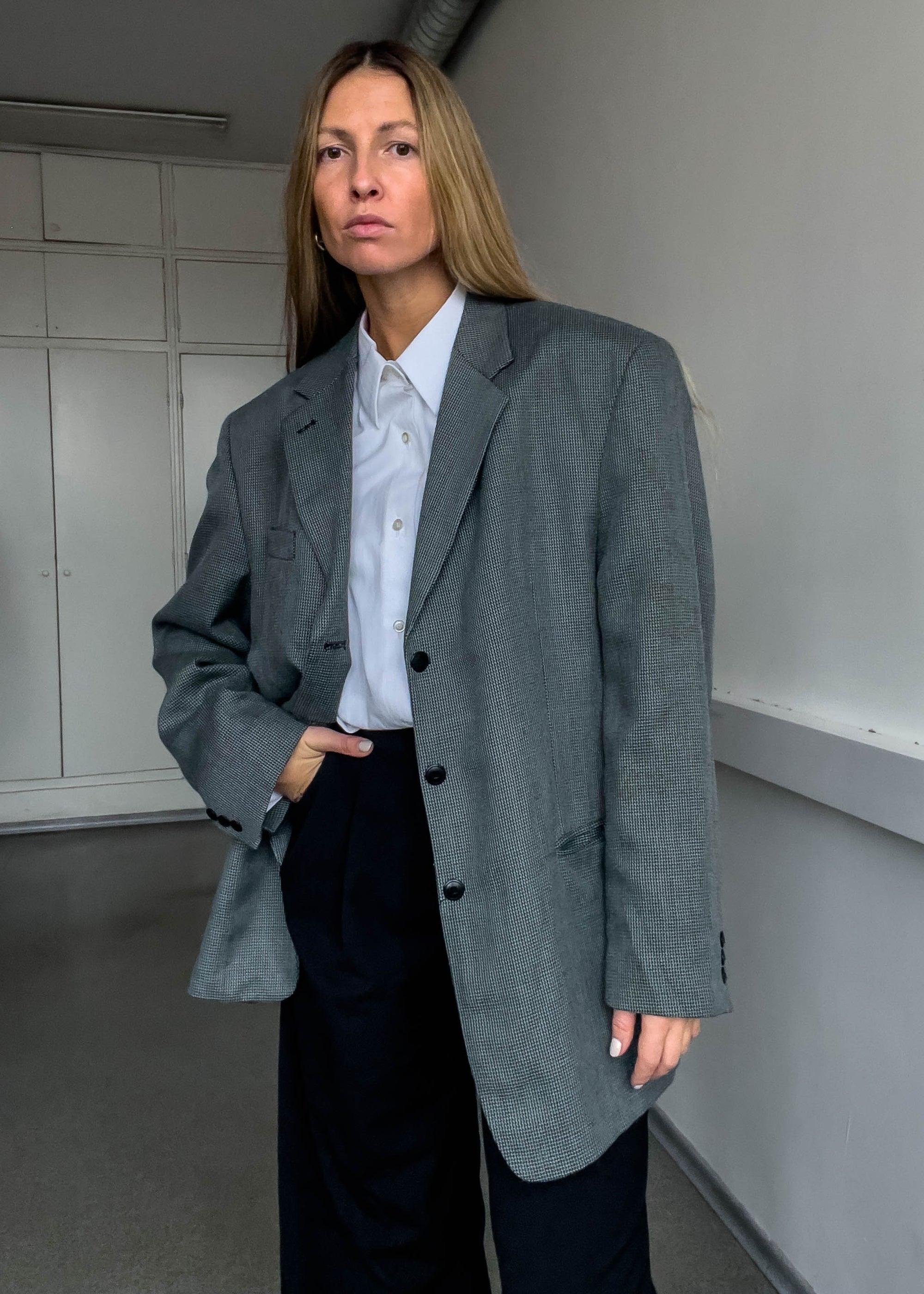 Vintage Grey Checked Oversized Blazer