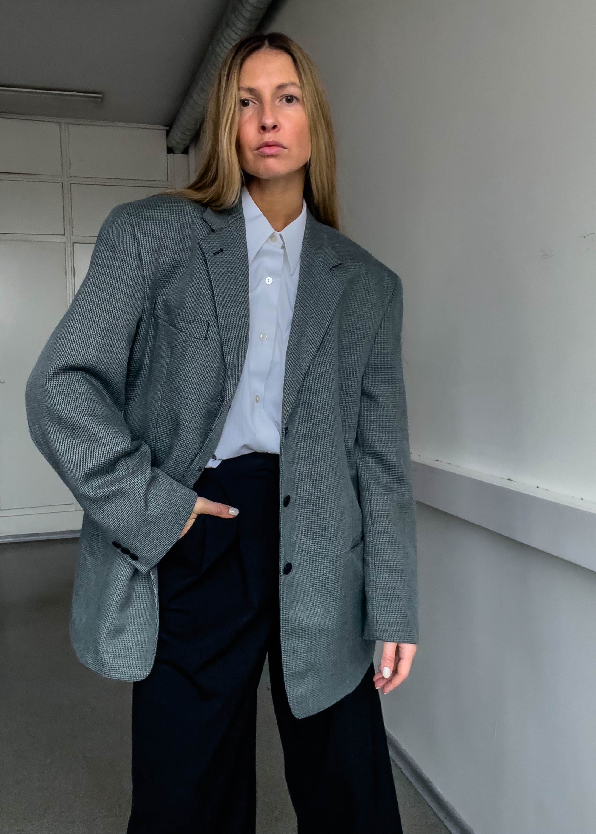 Vintage Grey Checked Oversized Blazer