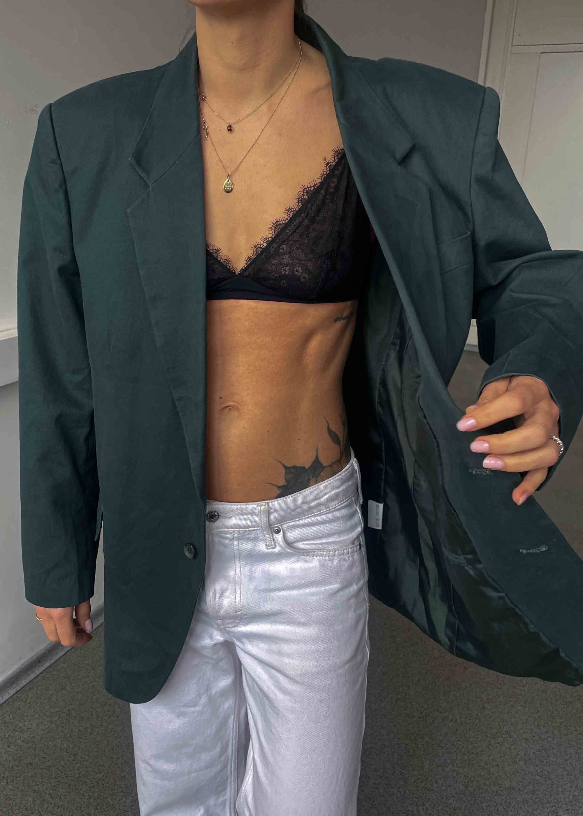Vintage Bottle Green Oversized Cotton Blazer