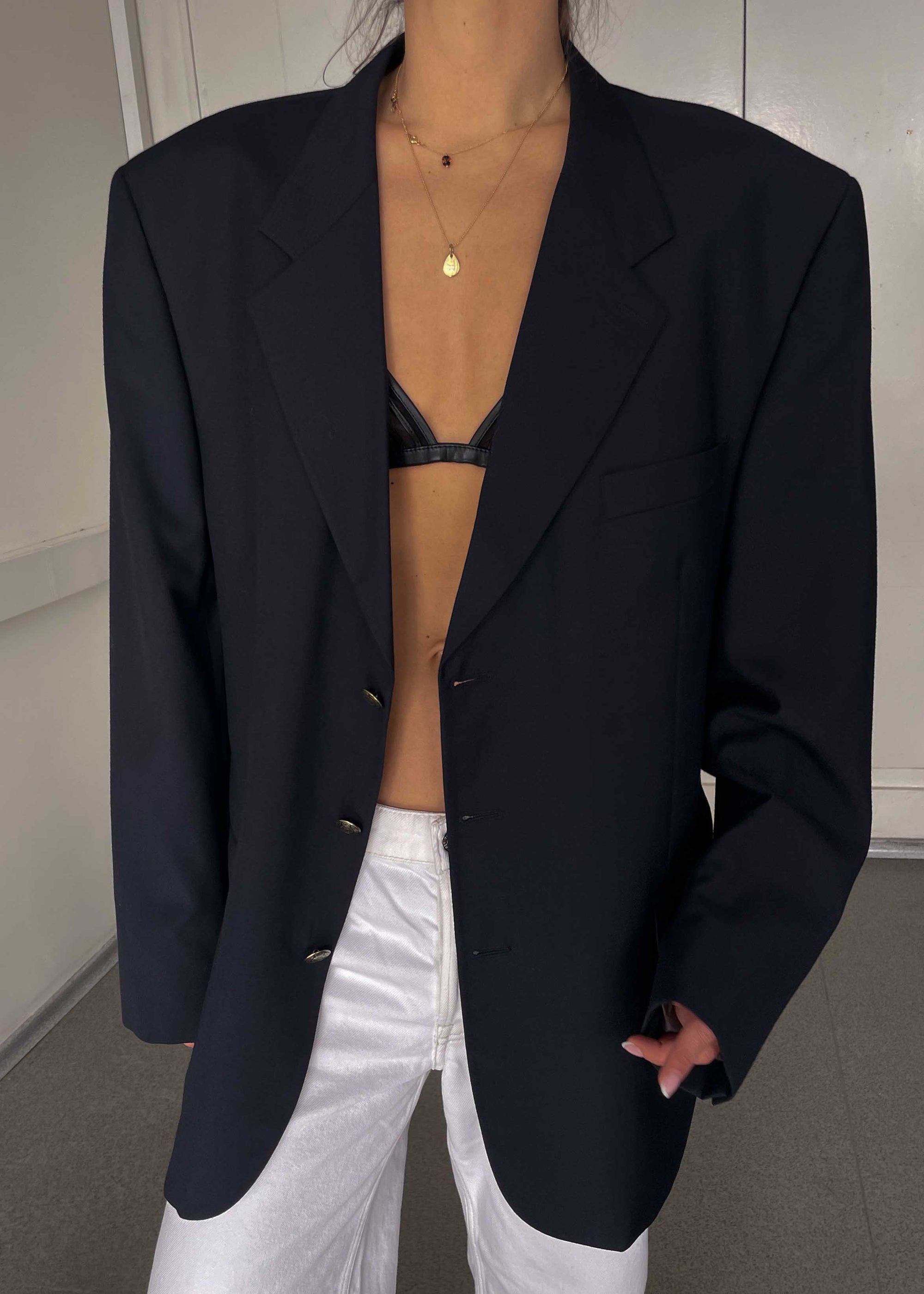 Vintage Navy Blue Oversized Blazer with Metal Buttons