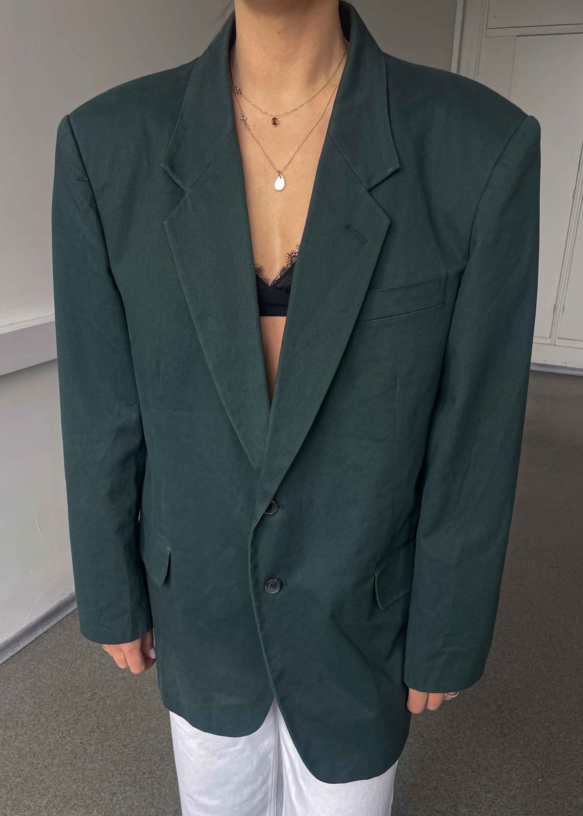 Vintage Bottle Green Oversized Cotton Blazer