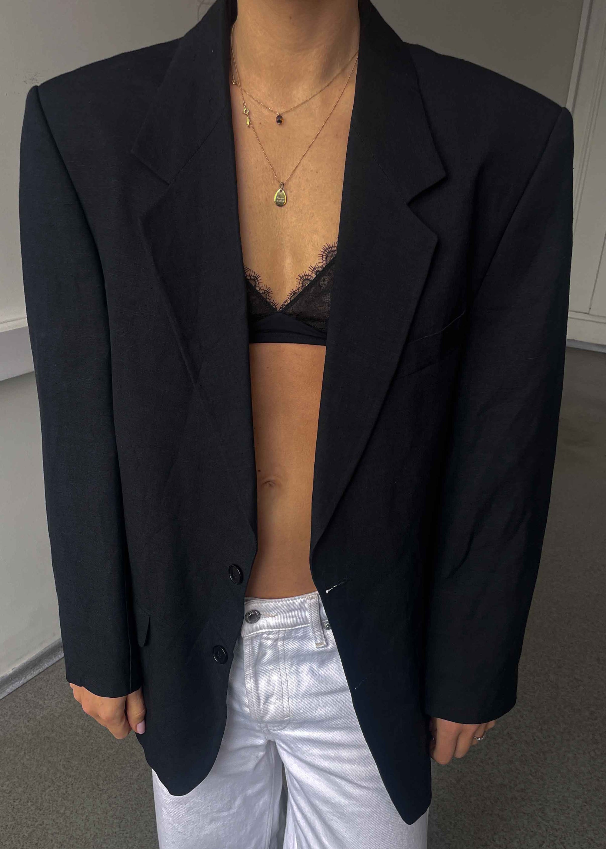 Vintage Black Oversized Linen Blend Blazer