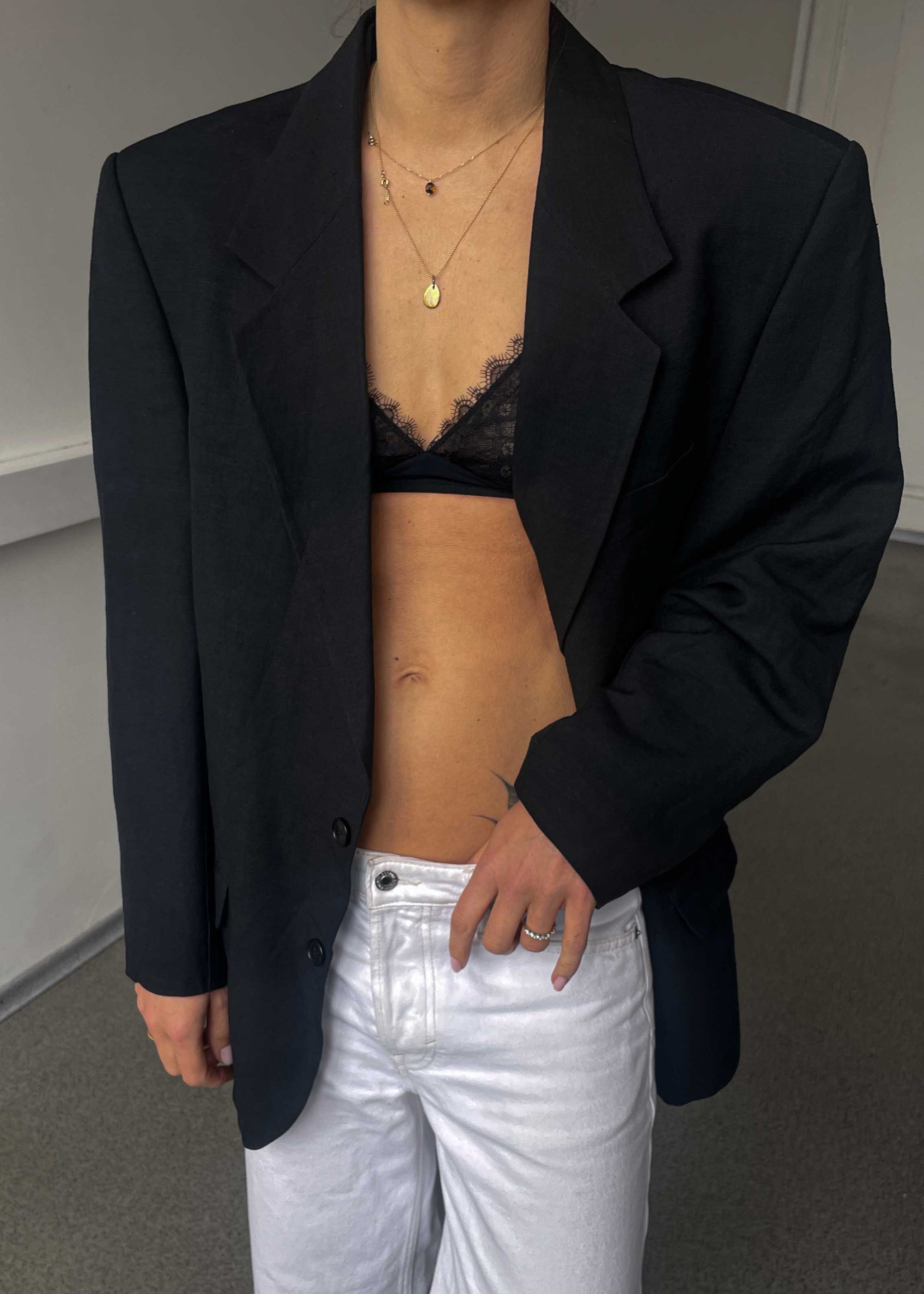 Vintage Black Oversized Linen Blend Blazer