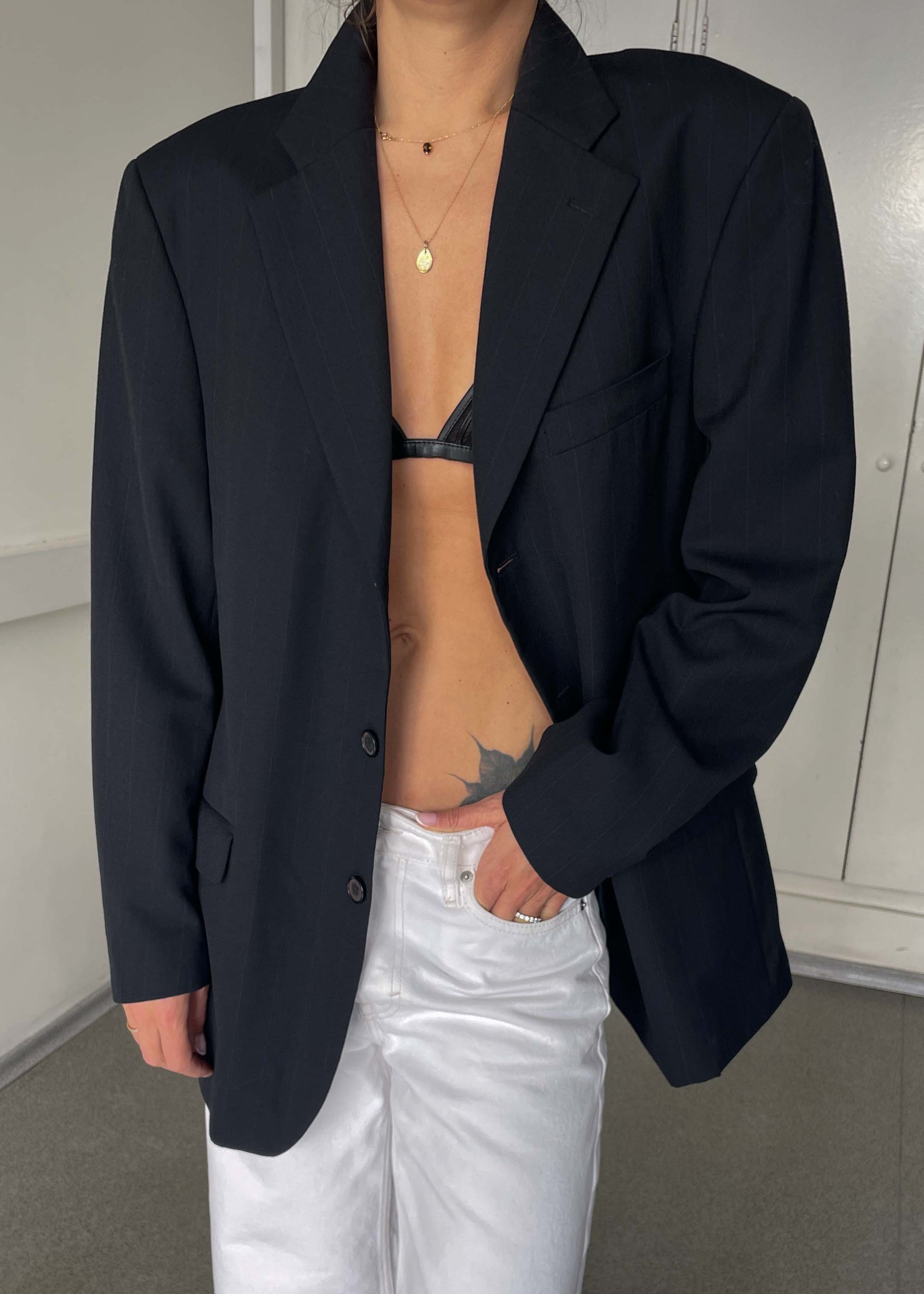 Vintage Dark Blue Striped Oversized Blazer