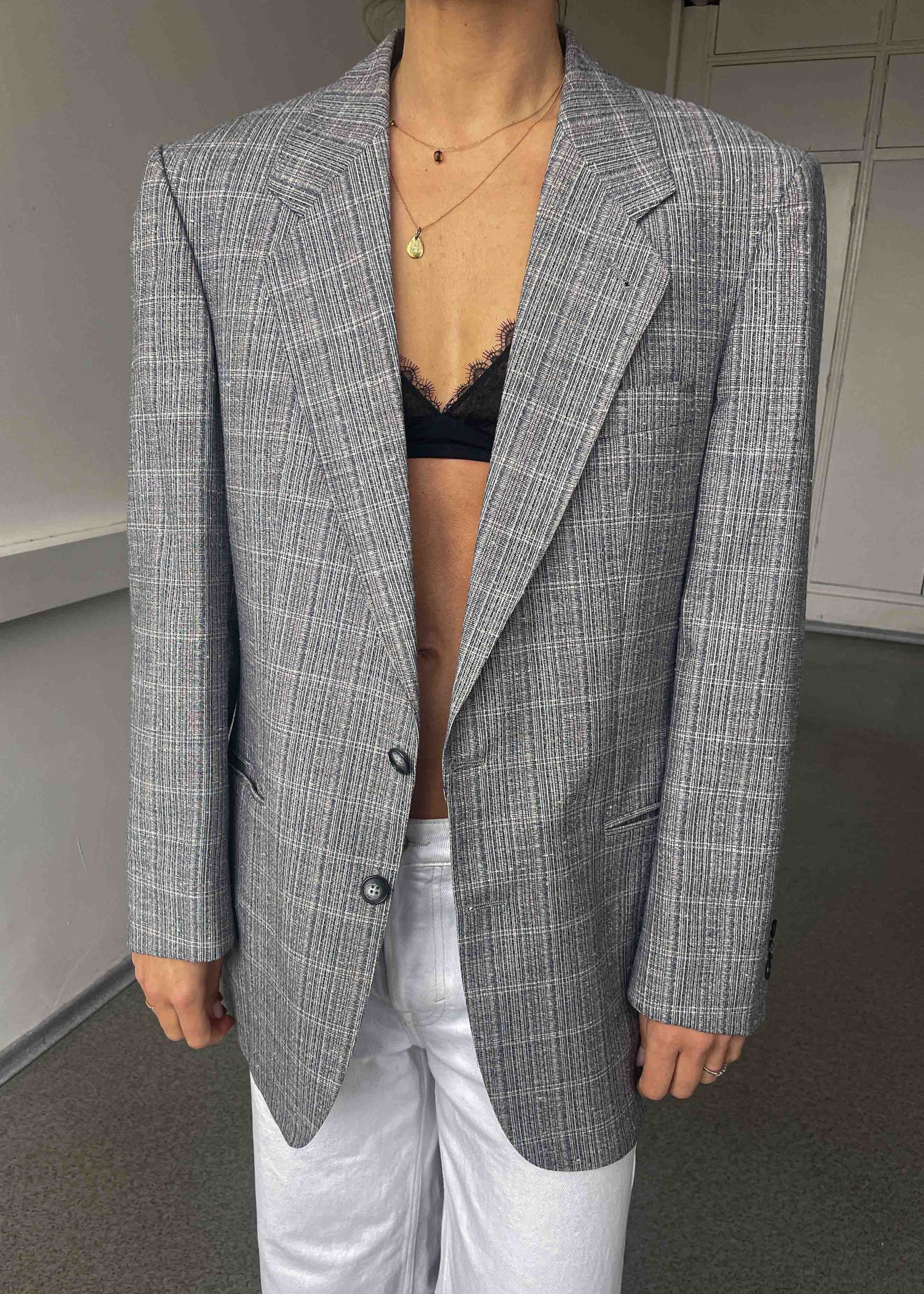 Vintage Light Grey Checked Oversized Blazer