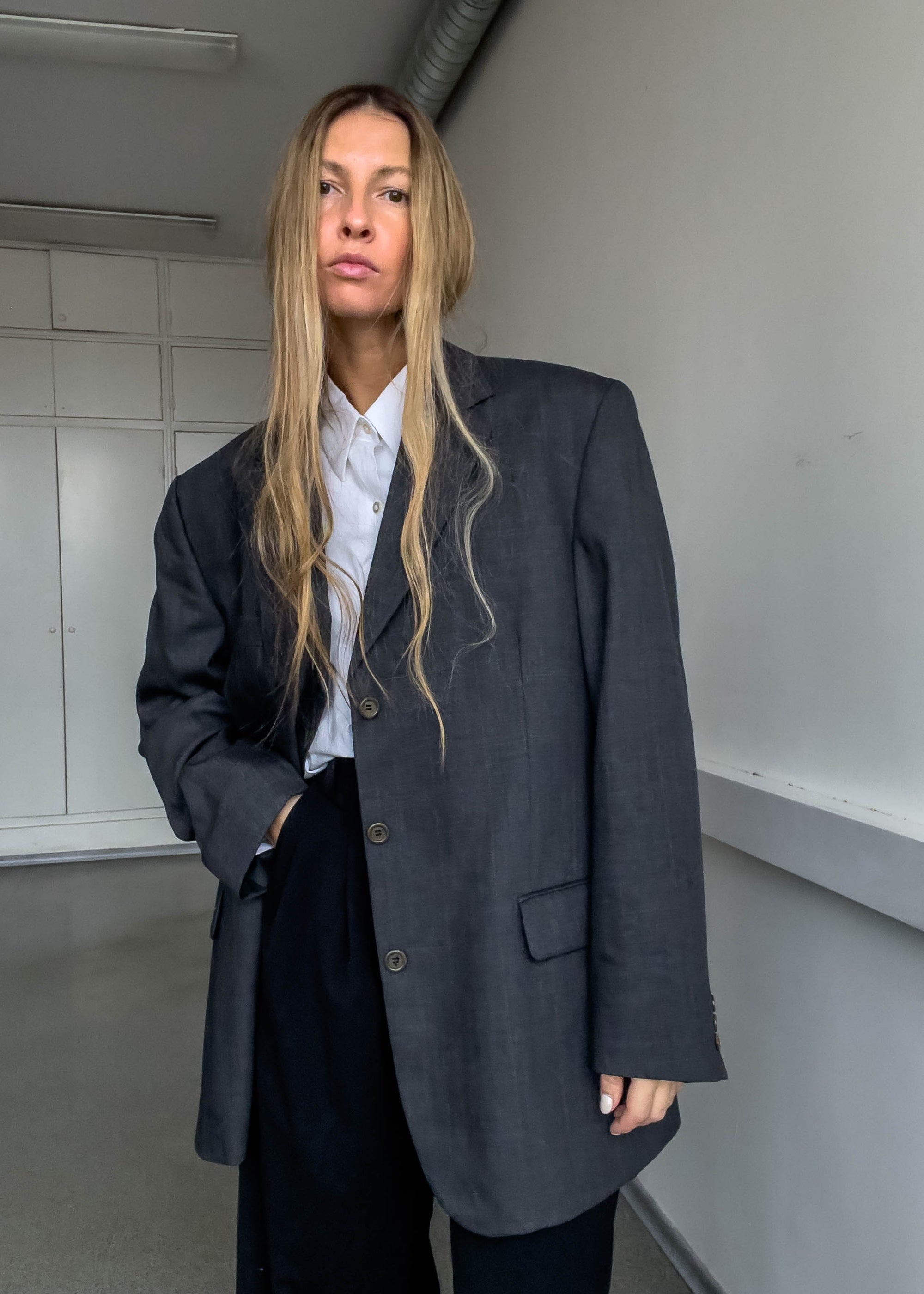 Vintage Grey Checked Oversized Blazer