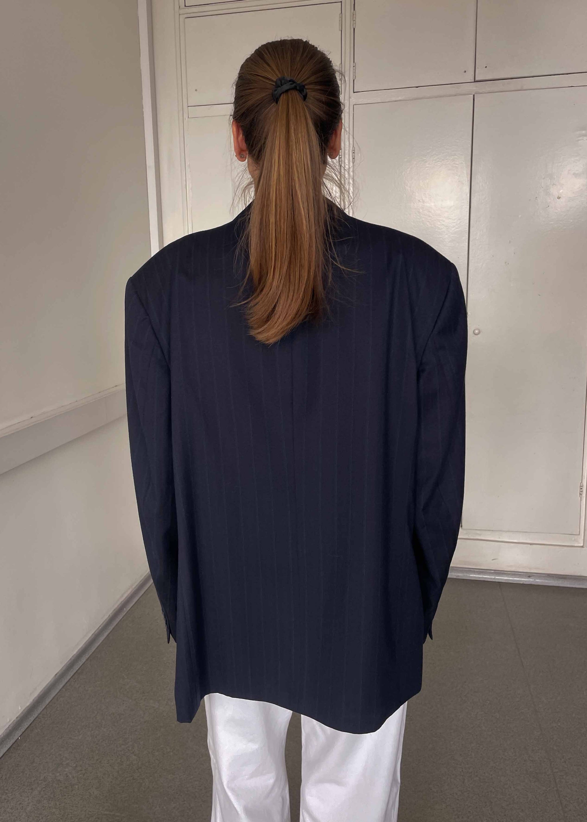 Vintage Navy Blue Striped Oversized Brushed Wool Blazer