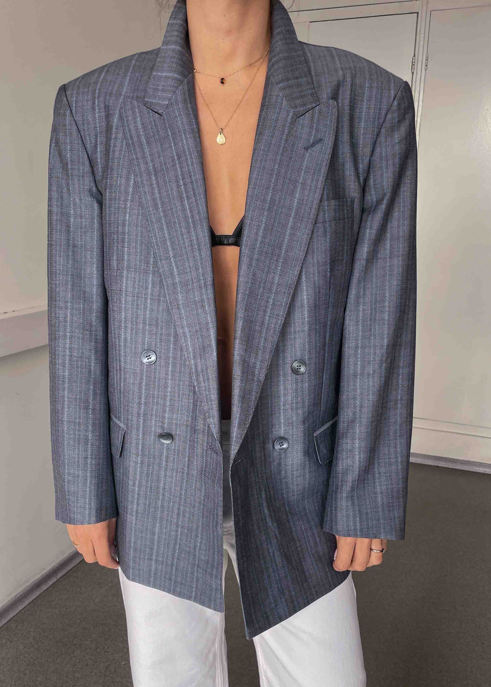 Vintage Blue/Grey Striped Oversized Double Breasted Blazer